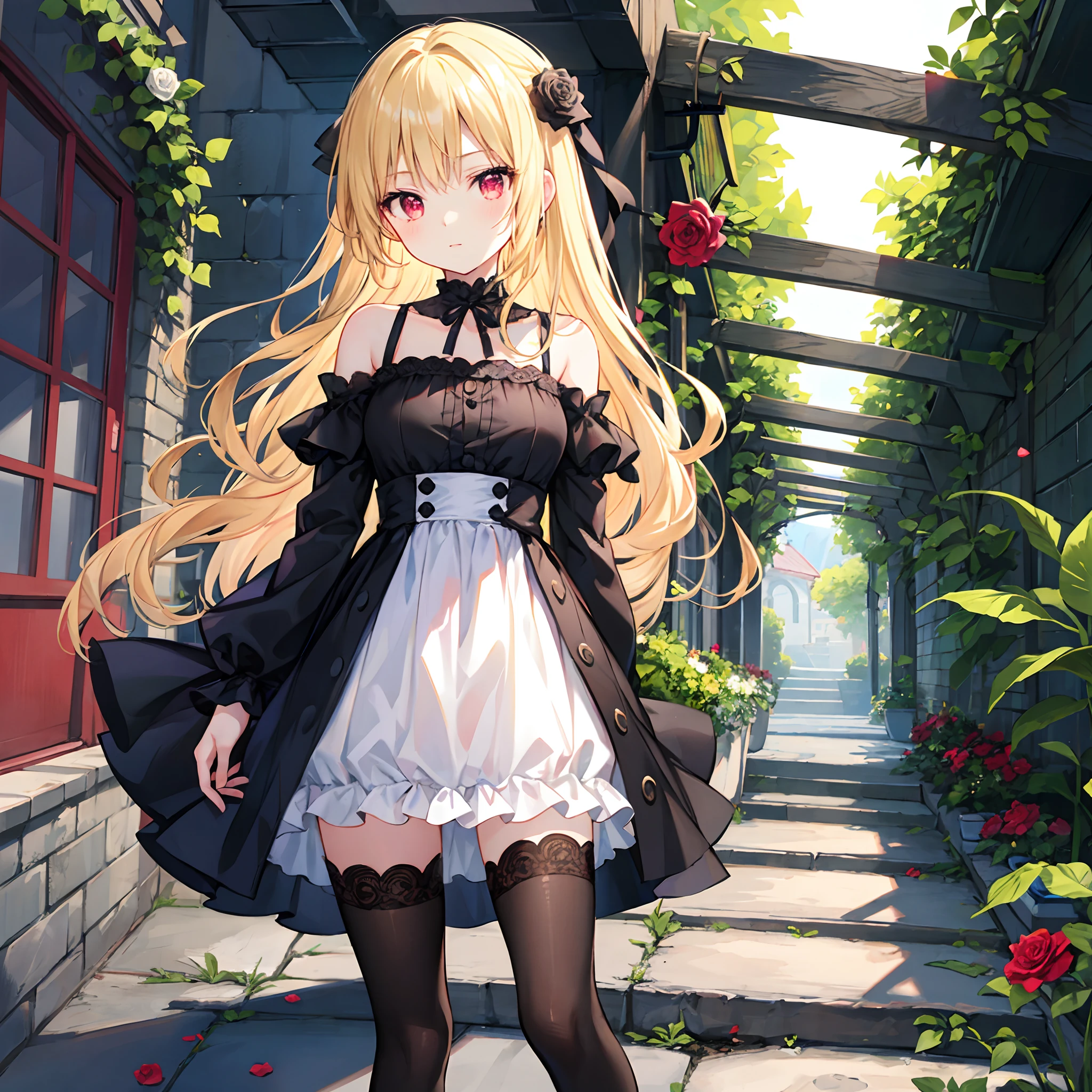 Wavy blonde、red eyes、Beautiful girl alone、Black fluffy dress、off shoulders、a miniskirt、Black tights、White rose garden