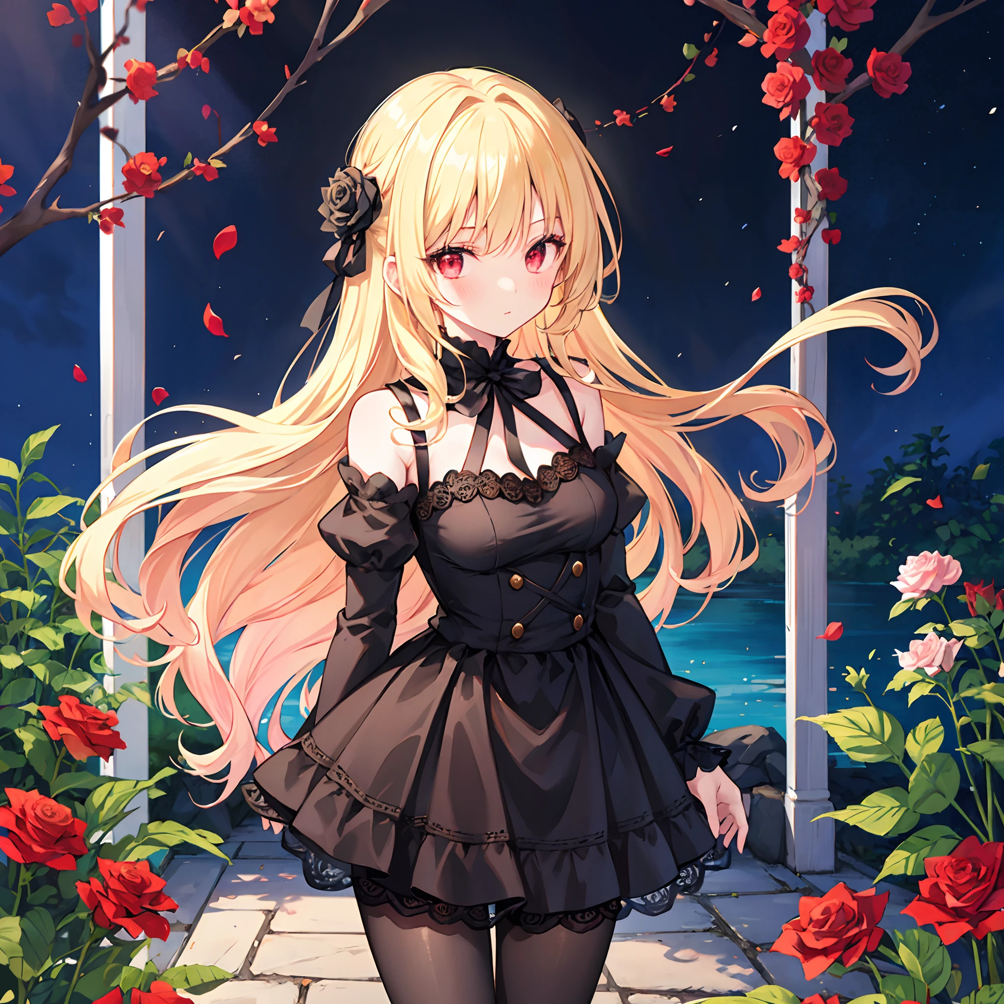 Wavy blonde、red eyes、Beautiful girl alone、Black fluffy dress、off shoulders、a miniskirt、Black tights、White rose garden