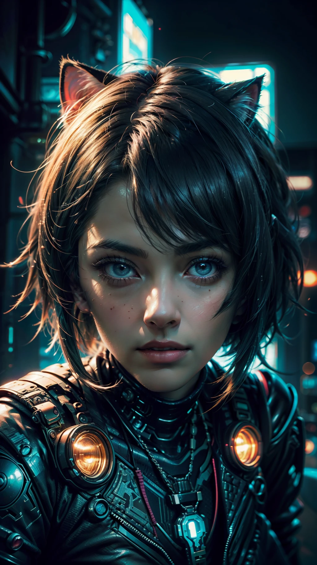 Beautiful cowboy shot of Reika Shimohira as a (Cyberpunk Nekomata catgirl), slender body, cat ears, cat tail, science fiction, cyberpunk city in the background, Gantz, Cyberpunk 2077, Ultra realistic photo, masterpiece, best quality, CG, wallpaper, HDR, high quality, high-definition, extremely detailed, {beautiful detailed face}, {beautiful detailed eyes}, (detailed light){{intricate detail}}, {highres}, ((detailed face)), neon light, chiaroscuro, key visual, intricate detail, highly detailed, breathtaking, vibrant, cinematic lighting, 18+, Nsfw