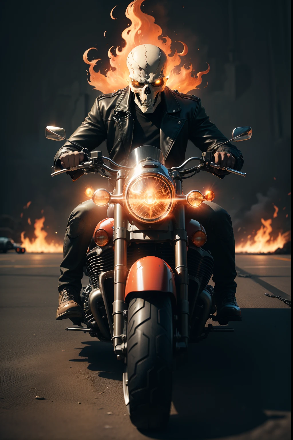 Ghost Rider, in the Hydra Glide motorbike, wheels with fire, shiny, in the hell, with chains in the motorbike, , looking at the screen, in realistic style, 4k