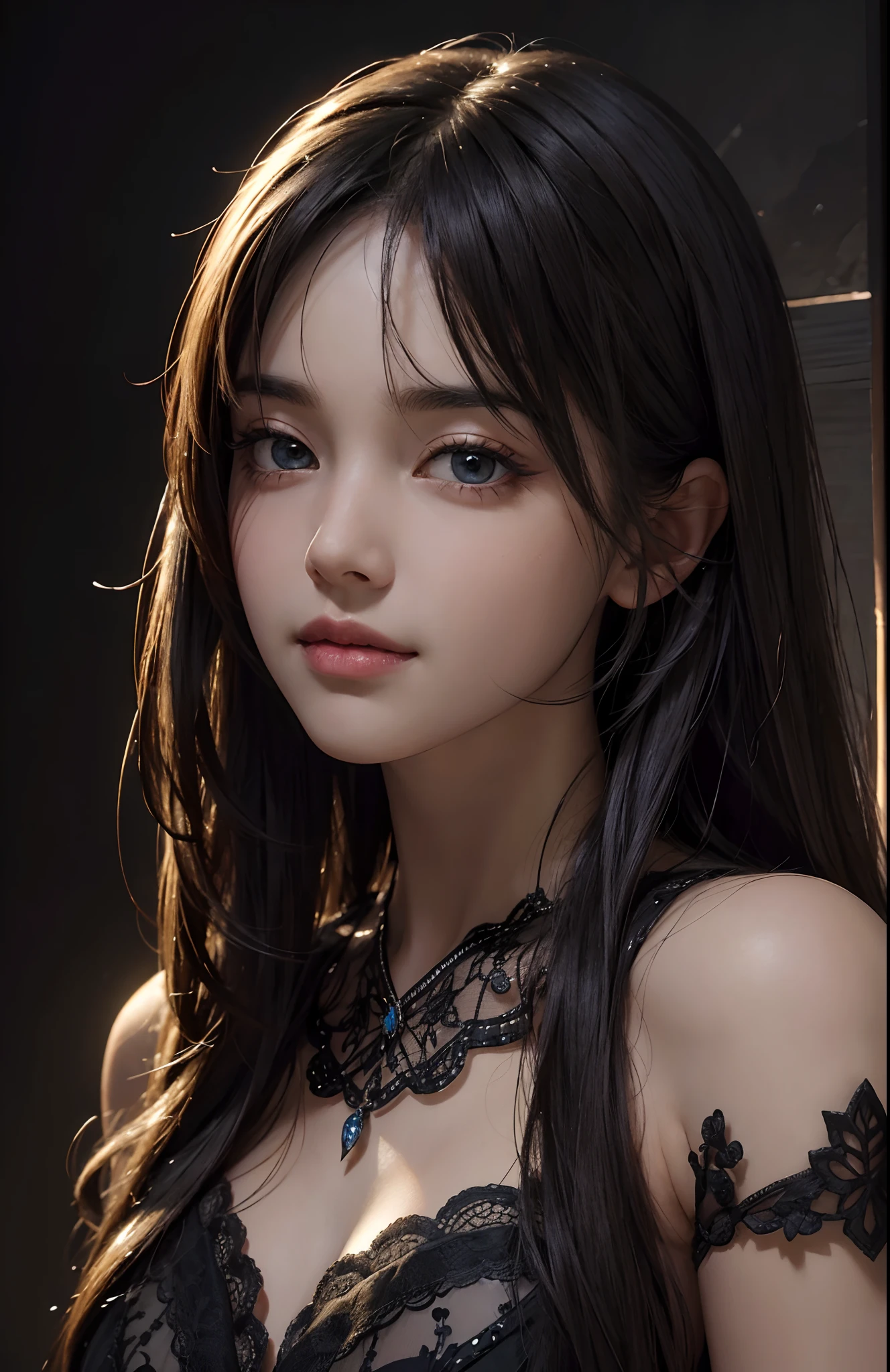 (Ultra Realistic), (Illustration), (Increased Resolution), (8K), (Extremely Detailed), (Best Illustration), (Beautiful and Detailed Eyes), (Best Quality), (Ultra Detailed), (Masterpiece ), ( wallpaper), (detailed face), solo, 1 girl, looking at viewer, fine details, detailed face, in the dark, deep shadows, low key, pureerosfaceace_v1, smiling, long hair, black shawl straight hair , 46 points oblique bangs