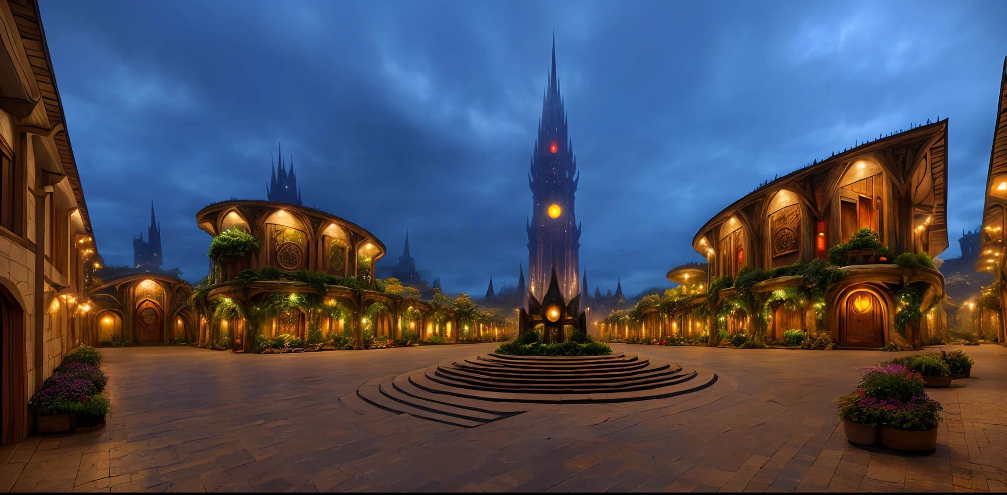 (masterpiece: 1.3), a photo of a city square lord of the rings style, hobbit, sauron, Tolkien, with a lot of plants, dramatic sky