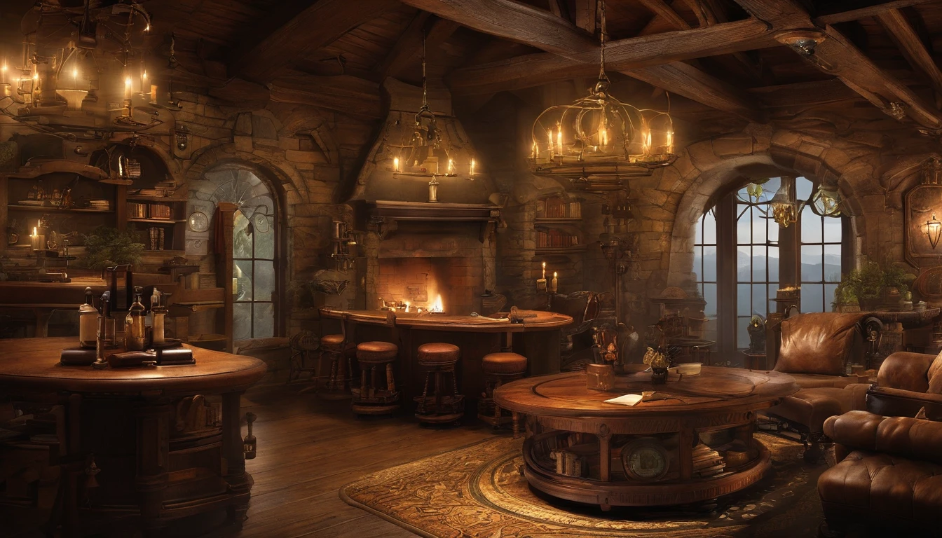 There is a living room，There are a lot of books on the shelves, cozy cafe background, cozy place, cozy environment, designed for cozy aesthetics, Relaxing concept art, cozy home background, Cozy atmosphere, pleasant cozy atmosphere, highly detailed scenario, a multidimensional cozy tavern, cozy and peaceful atmosphere, cozy living room background, cozy environment, cosy atmoshpere, highly detailed environments