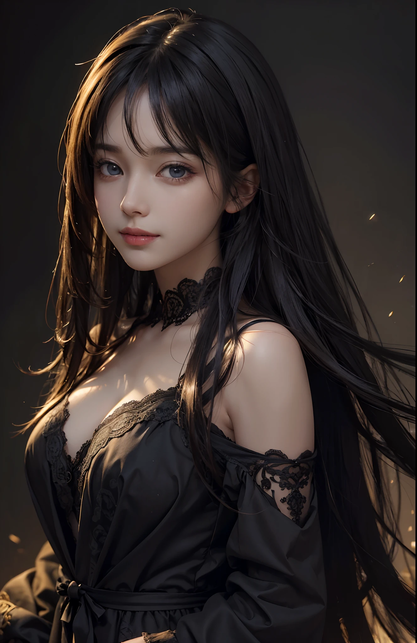 (Ultra Realistic), (Illustration), (Increased Resolution), (8K), (Extremely Detailed), (Best Illustration), (Beautiful and Detailed Eyes), (Best Quality), (Ultra Detailed), (Masterpiece ), ( wallpaper), (detailed face), solo, 1 girl, looking at viewer, fine details, detailed face, in the dark, deep shadows, low key, pureerosfaceace_v1, smiling, long hair, black shawl straight hair , 46 points oblique bangs