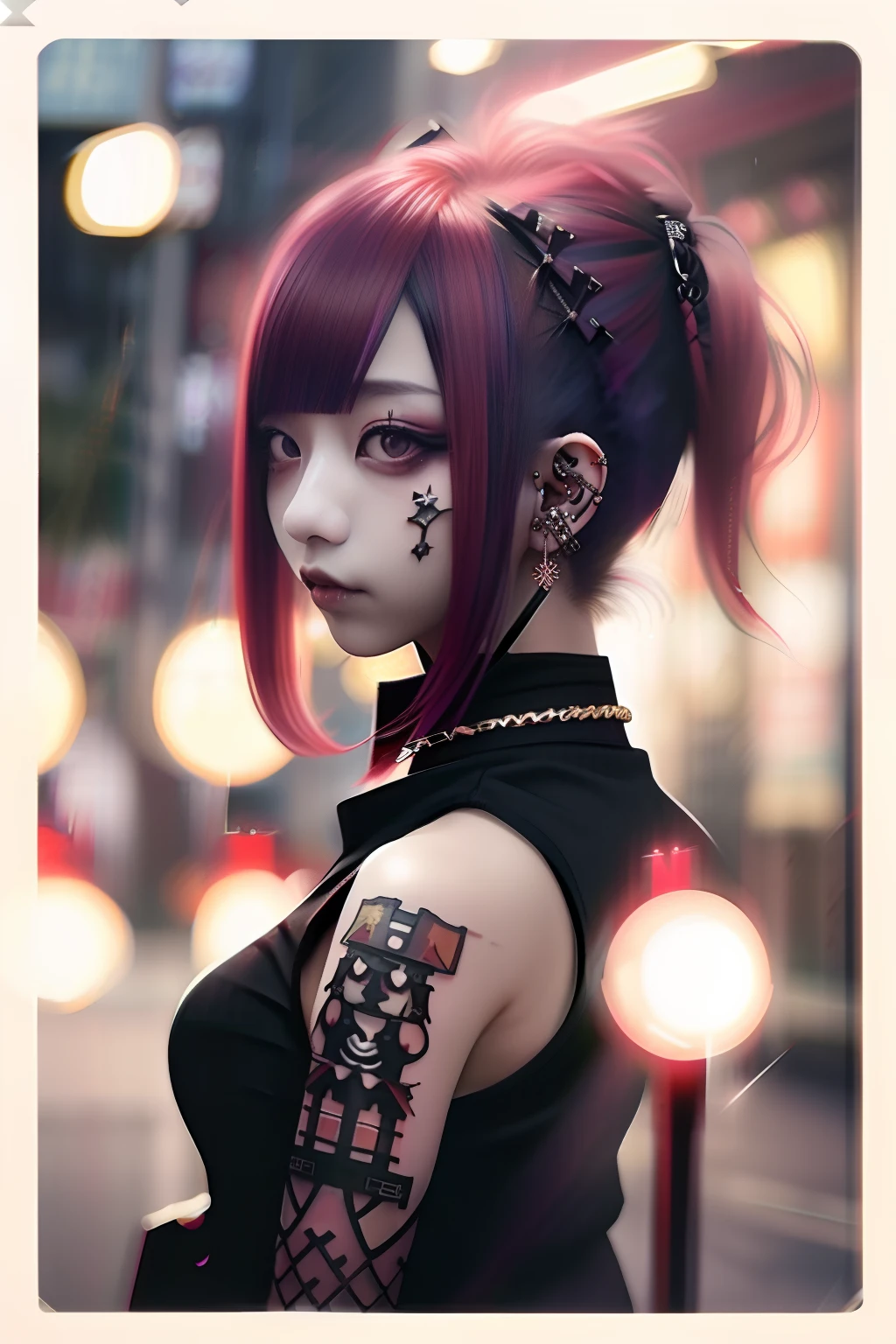 Sleeveless、The tattoo、bob cuts、bright red、Really red、Red、Red-haired、rot、red hairs、head phone、🎧、goth_punk, 1girl in, 独奏, medium shot, Walking in Harajuku, ((during night)), bokeh dof, Neon light, Iridescent eyes, starrysky, red glowing hair, Black eyebrows, Radiant hair, (iridescent red hair), 耳Nipple Ring, bangss, jewely, masks, bluntbangs, verd s eyes, Mouth mask, blurry backround, bblurry, hair adornments, Look at viewers, shorth hair, portraitures, side locks