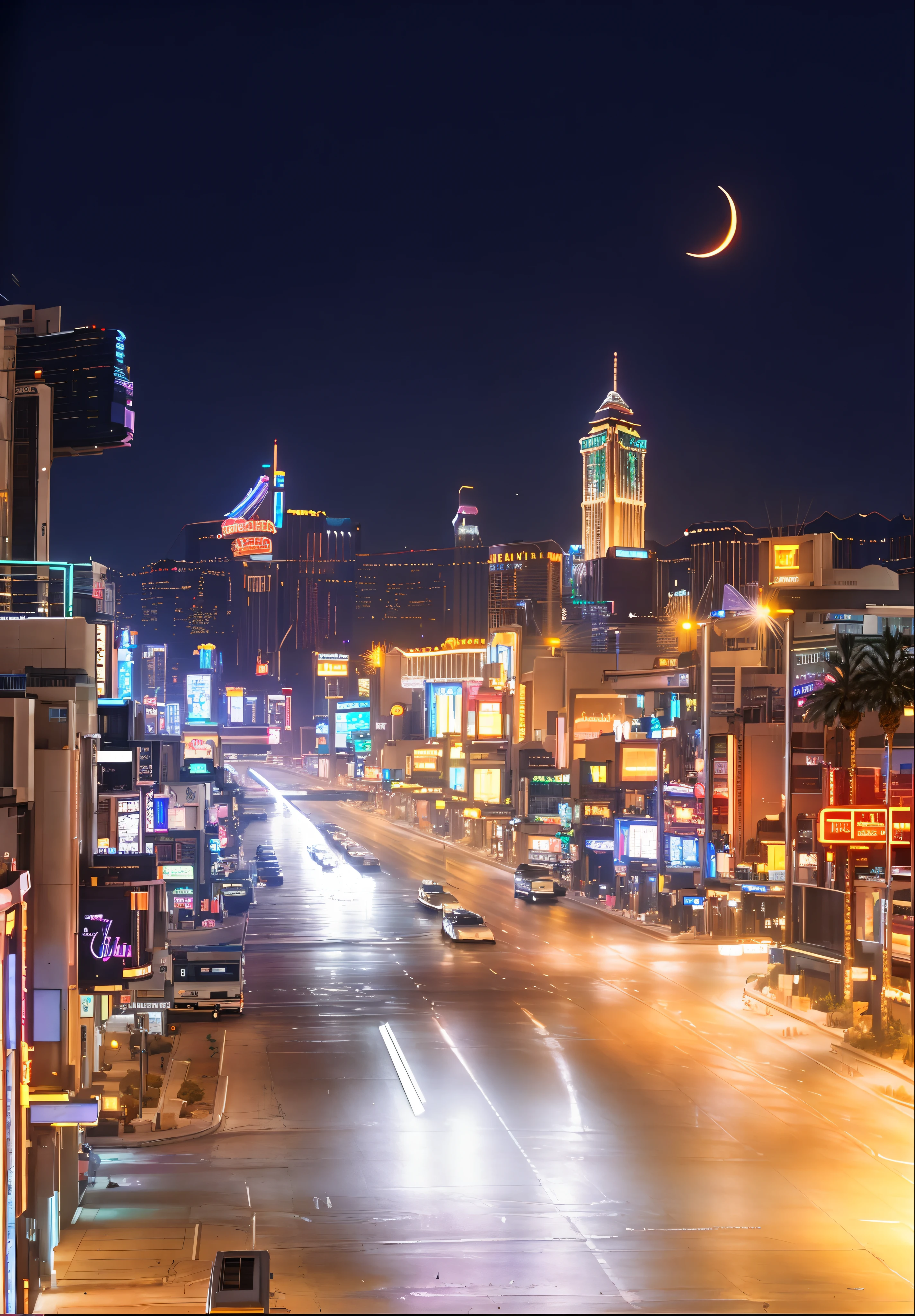 BOULEVARD in las vegas at night, cyberpunk, high trafic headlights, luminous signs, skyscrapers in the background and the moon