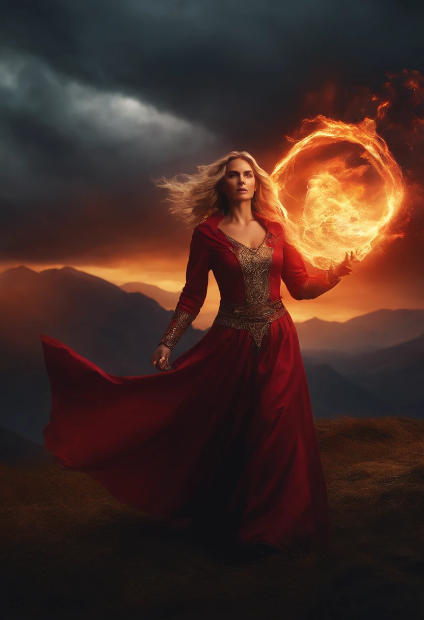 8k, mid distance portrait, a female wizard with light clothes, throwing a fireball to an orc over a hill with a storm coming