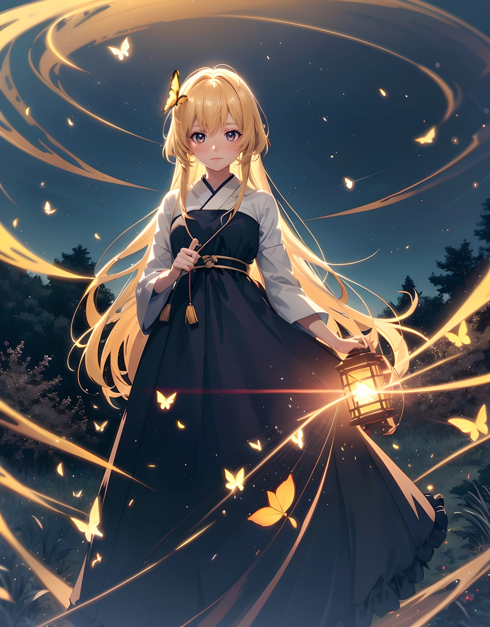 Landscape, Anime landscape field of glow flowers and glow of lots butterflies flying around in the of standing back japanese girl with long dress, glow butterfly, lots of glow butterfly, fireflies, very many lots of fireflies, makoto shinkai cyril rolando, kimi no nawa meteor, anime art wallpaper 8k, Top quality masterpiece, deep focus, macro shot, fliying fireflies, lots lamp, falling leaf, falling leaf is a smooth glow light, glow, anime, object, girl (girl walking a long masterpiece) (long object), color combination masterpiece, glow light, dark morning, reflection, beautiful anime scene, japanese concept landscape art, volumetric lighting, bokeh, anime beautiful peace scene, lots of butterflies glow, pure lanscape, 8k beautiful anime, intricate, elegant, point of interest photography, perfect night landscape anime (masterpiece, side natural lighting, finely detailed beautiful clear night lanscape), long hair, lots of hair, clear sky, ray of light, rule of third photography, point of interest photography, perfect landscape color tone, leaf, falling leaf, dew, little water, Fog, saturation glow light,