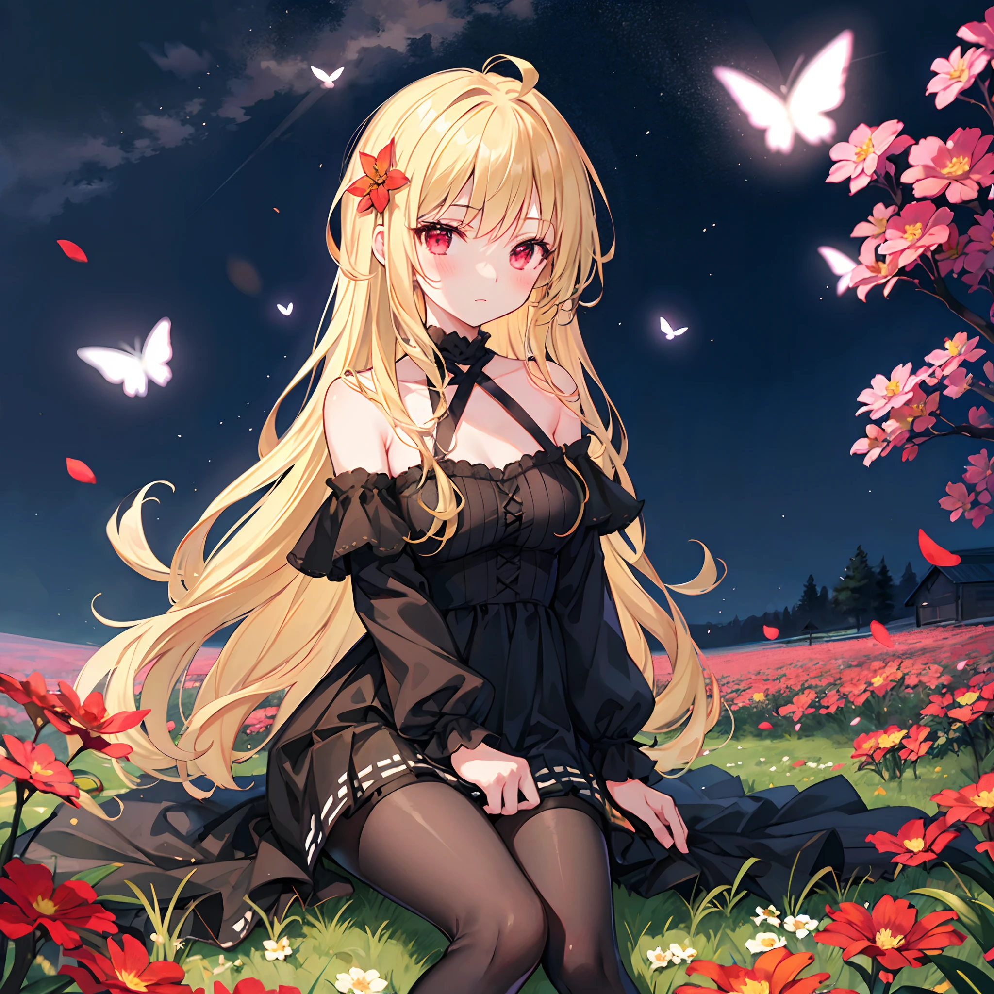 Wavy blonde、red eyes、Beautiful girl alone、Black fluffy dress、off shoulders、a miniskirt、Black tights、flower  field、butterflys々、sitting on