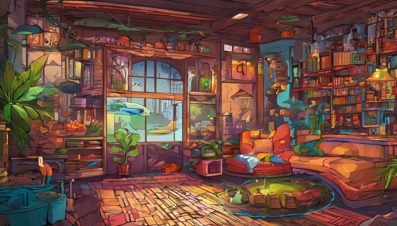 There is a living room，There are a lot of books on the shelves, cozy cafe background, cozy place, cozy environment, designed for cozy aesthetics, Relaxing concept art, cozy home background, Cozy atmosphere, pleasant cozy atmosphere, highly detailed scenario, a multidimensional cozy tavern, cozy and peaceful atmosphere, cozy living room background, cozy environment, cosy atmoshpere, highly detailed environments