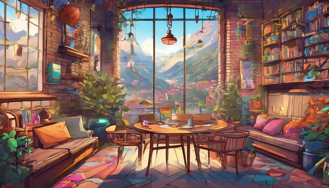 There is a living room,There are a lot of books on the shelves, cozy cafe background, cozy place, cozy environment, designed for cozy aesthetics, Relaxing concept art, cozy home background, Cozy atmosphere, pleasant cozy atmosphere, highly detailed scenario, a multidimensional cozy tavern, cozy and peaceful atmosphere, cozy living room background, cozy environment, cosy atmoshpere, highly detailed environments