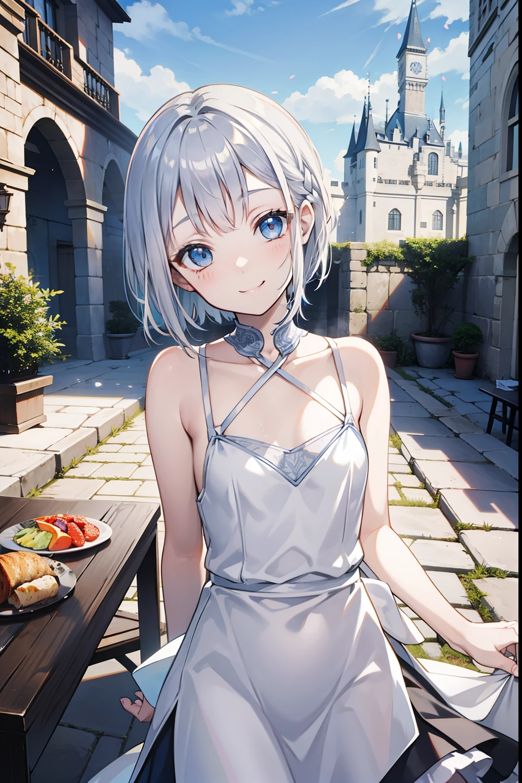 Castle courtyard a smile dinner party silber hair Short hair Okappa blue eyess doress s girl flat chest