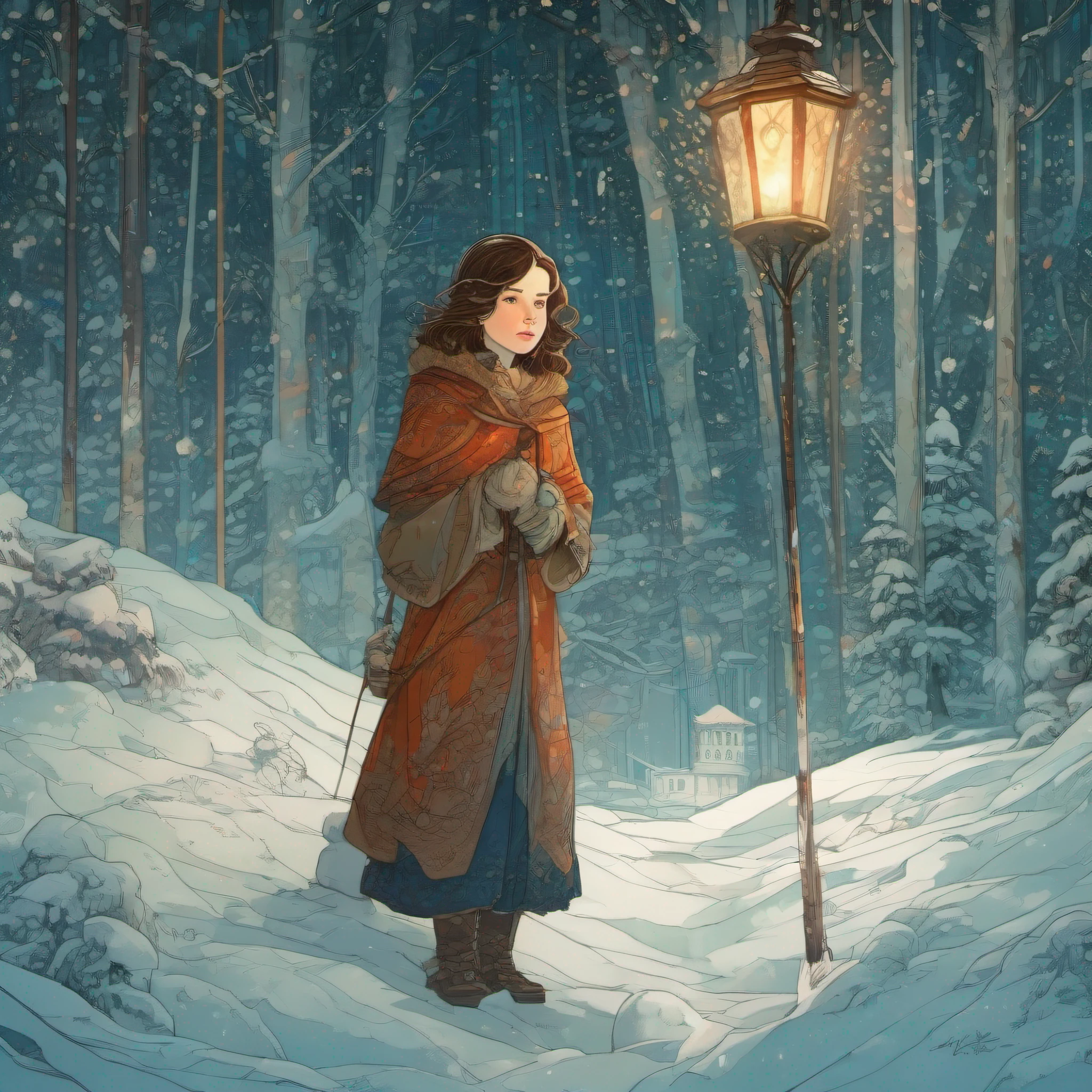 Lucy Pevensie from Narnia is facing a cold snow storm, she looks to a single, long and tall pole with a lamp lonely in the snow, snow cold forest, by Victo Ngai, Sam Guay, Abigail Larson, intricate composition, delicate colors, artsation contest winner, masterpiece, masterpiece, best quality, an extremely delicate art, ultra-detailed