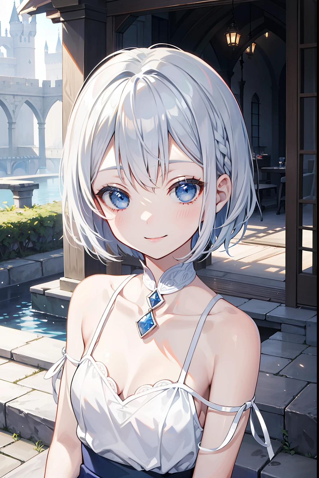 Castle courtyard a smile dinner party silber hair Short hair Okappa blue eyess doress teens girl flat chest