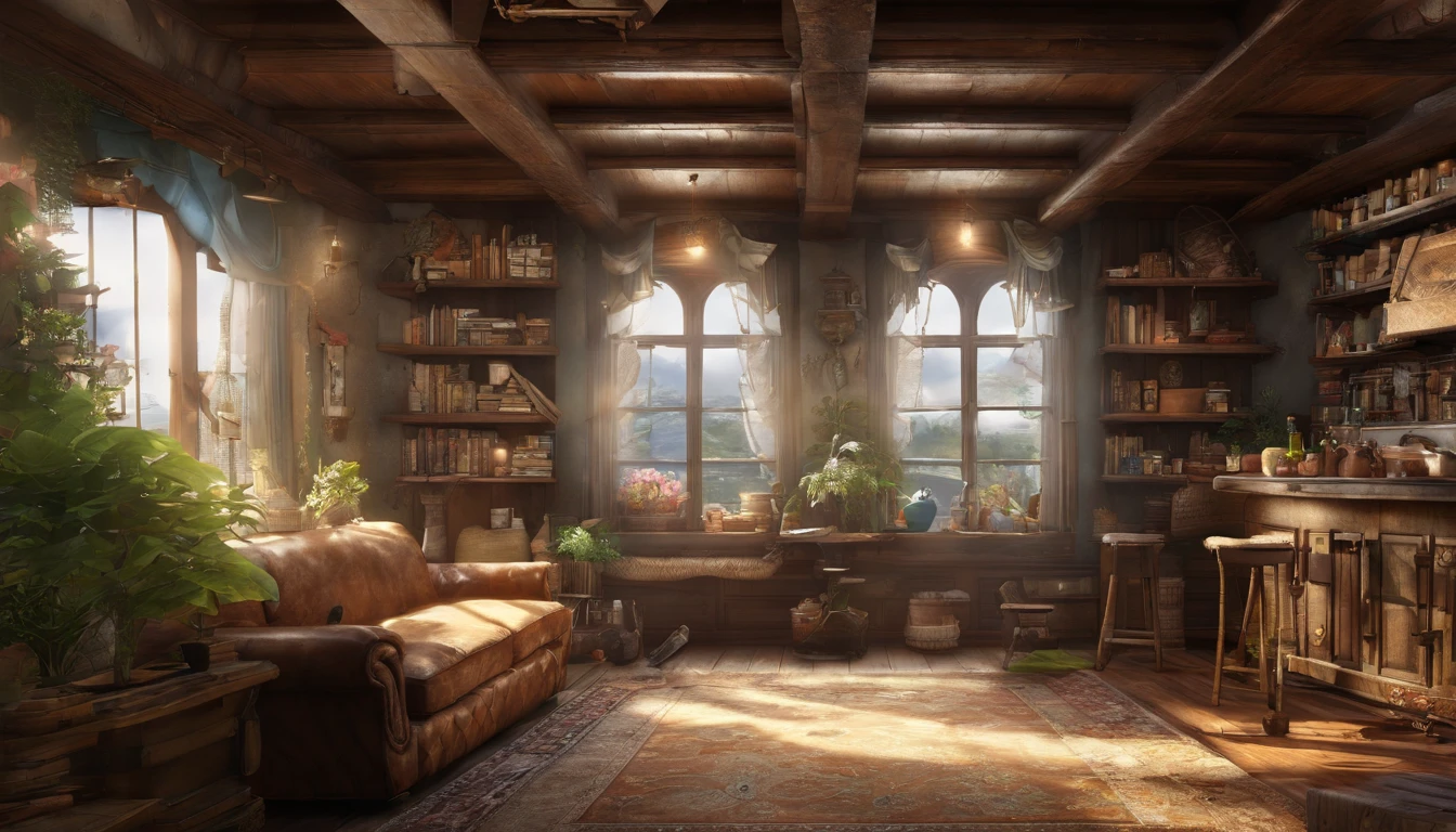 There is a living room，There are a lot of books on the shelves, cozy cafe background, cozy place, cozy environment, designed for cozy aesthetics, Relaxing concept art, cozy home background, Cozy atmosphere, pleasant cozy atmosphere, highly detailed scenario, a multidimensional cozy tavern, cozy and peaceful atmosphere, cozy living room background, cozy environment, cosy atmoshpere, highly detailed environments