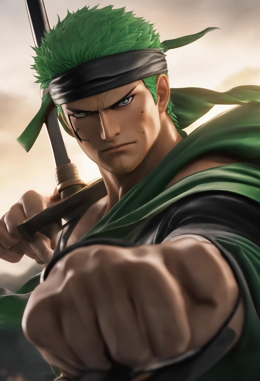 The formidable Roronoa Zoro from One Piece, with his signature scar and bandana, ultra-realistic but closely reflecting his manga appearance, 16k resolution. Medium: Photography. Style: A fusion of traditional Japanese manga and a touch of cinematic realism. Lighting: Intense and focused, casting shadows that highlight Zoro's muscular physique and his readiness for combat. Colors: Deep greens, blacks, and the metallic sheen of his swords. Composition: Canon EOS 5D Mark IV DSLR camera, EF 50mm f/1.4L USM lens, Resolution 30.4 megapixels, ISO sensitivity: 150, Shutter speed 1/85 second, capturing a full-body shot of Zoro in a battle stance, his manga-like features evident, with an aura of intimidation and strength. --ar 16:9 --v 5.1 --style raw --q 2 --s 750