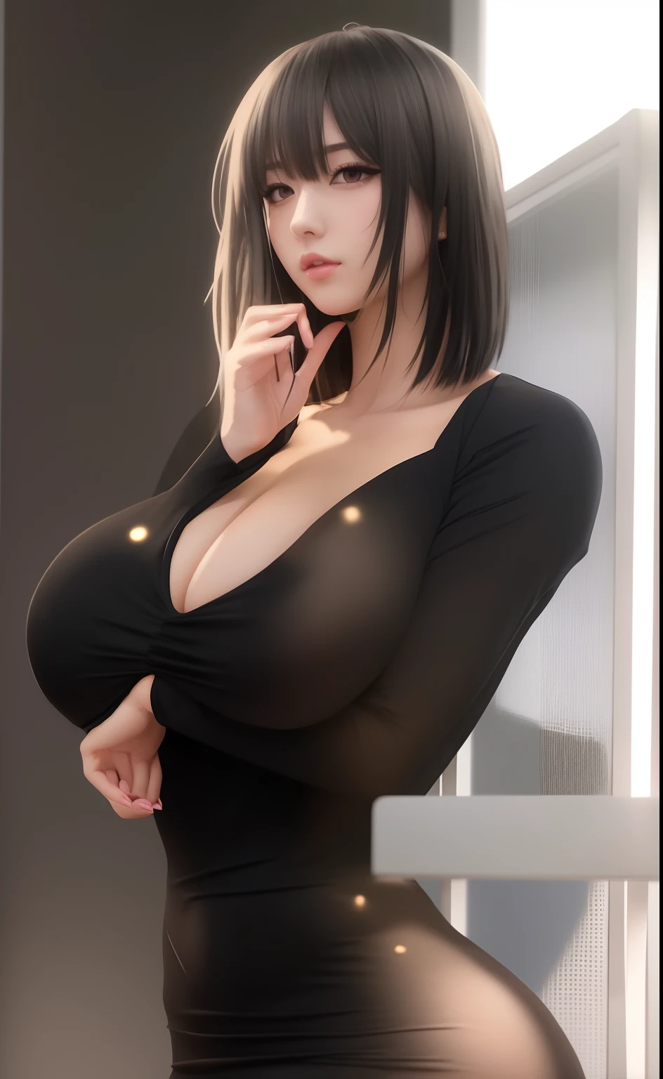 anime girl in black dress posing with her hands on her chest, seductive anime girl, oppai, anime girl wearing a black dress, breasts covered and sfw, revealing clothes, anya from spy x family, with a large breasts, sfw huge breasts, beautiful alluring anime woman, (sfw) safe for work, thicc, attractive anime girl, big breasts!