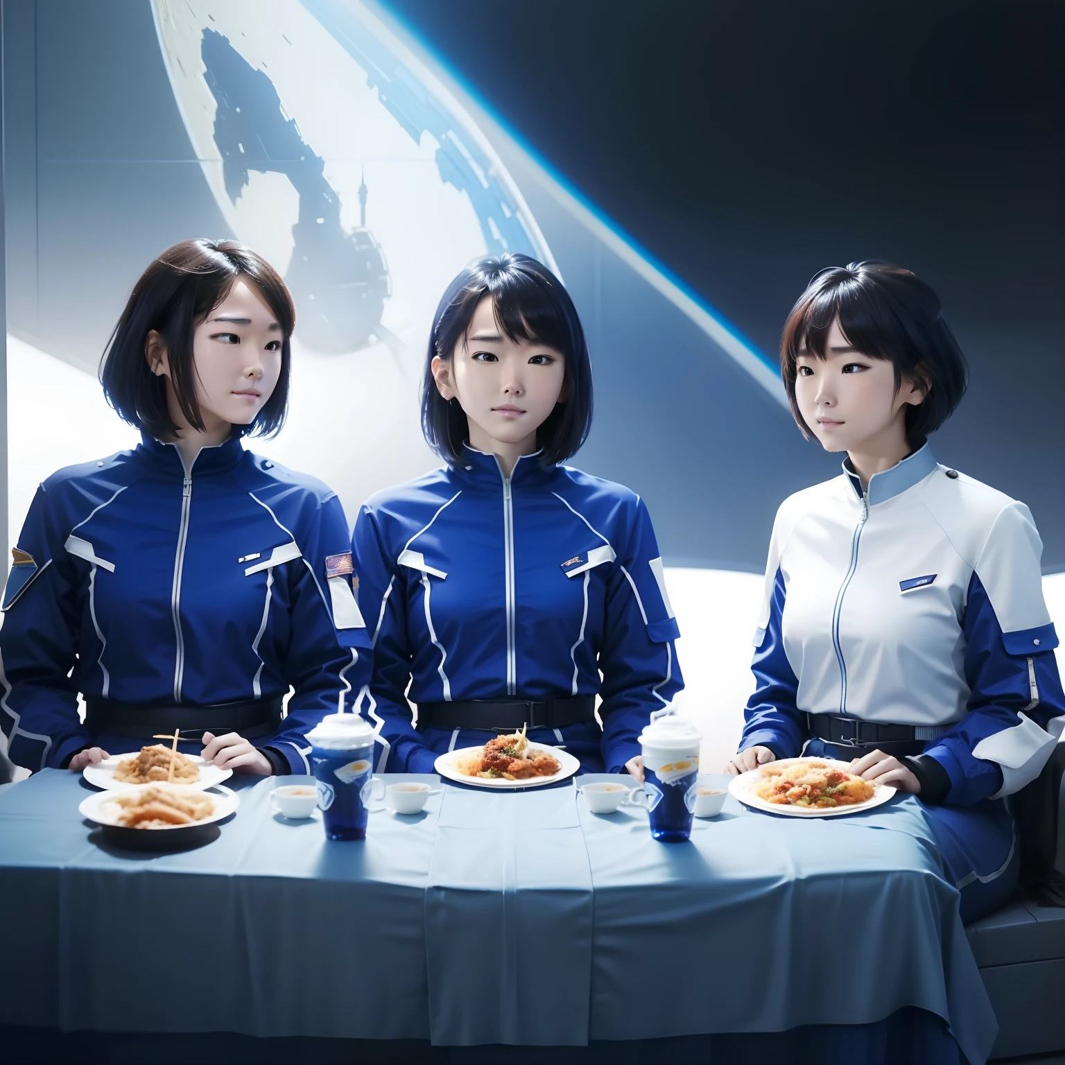 future world. Three Korean 15-year-old short-haired girls, wearing blue and white space combat suits, were resting and eating on the battlefield. comic style.