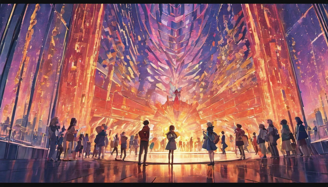 A group of people inside of an O'Neill Cylinder with a large city, cinematic lighting photo-realistic