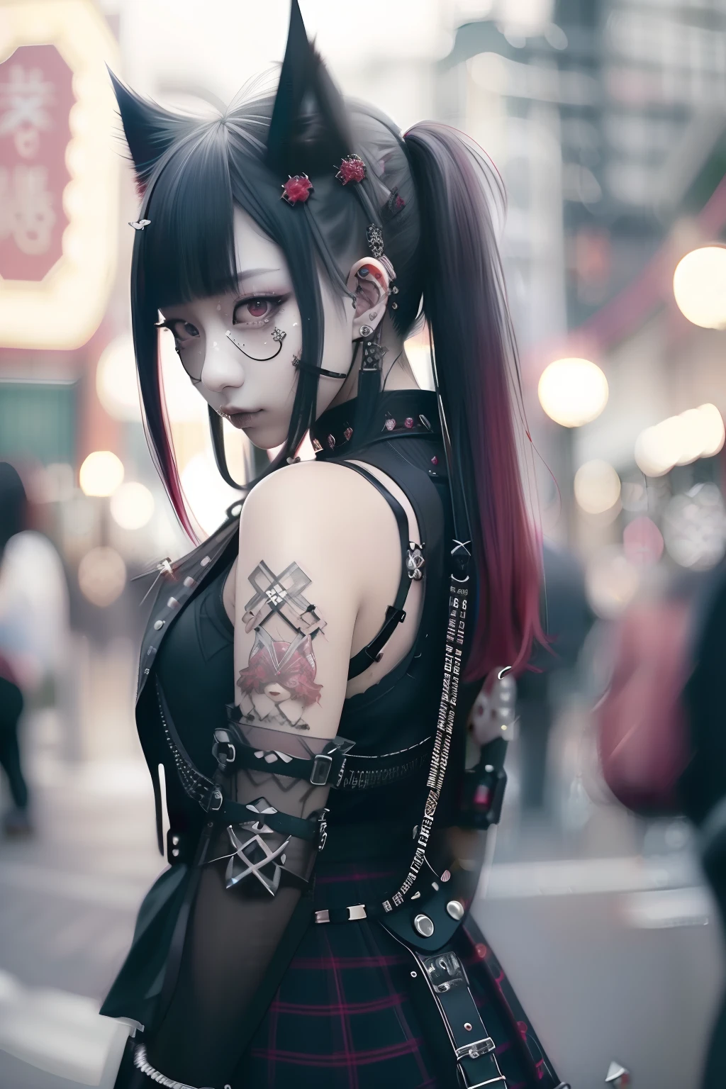 Sleeveless、The tattoo、bright red、Really red、Red、Red-haired、rot、red hairs、head phone、🎧、goth_punk, 1girl in, 独奏, medium shot, Walking in Harajuku, ((during night)), bokeh dof, Neon light, Iridescent eyes, starrysky, red glowing hair, Black eyebrows, Radiant hair, (iridescent red hair), 耳Nipple Ring, bangss, jewely, masks, bluntbangs, verd s eyes, Mouth mask, blurry backround, bblurry, hair adornments, Look at viewers, shorth hair, portraitures, side locks