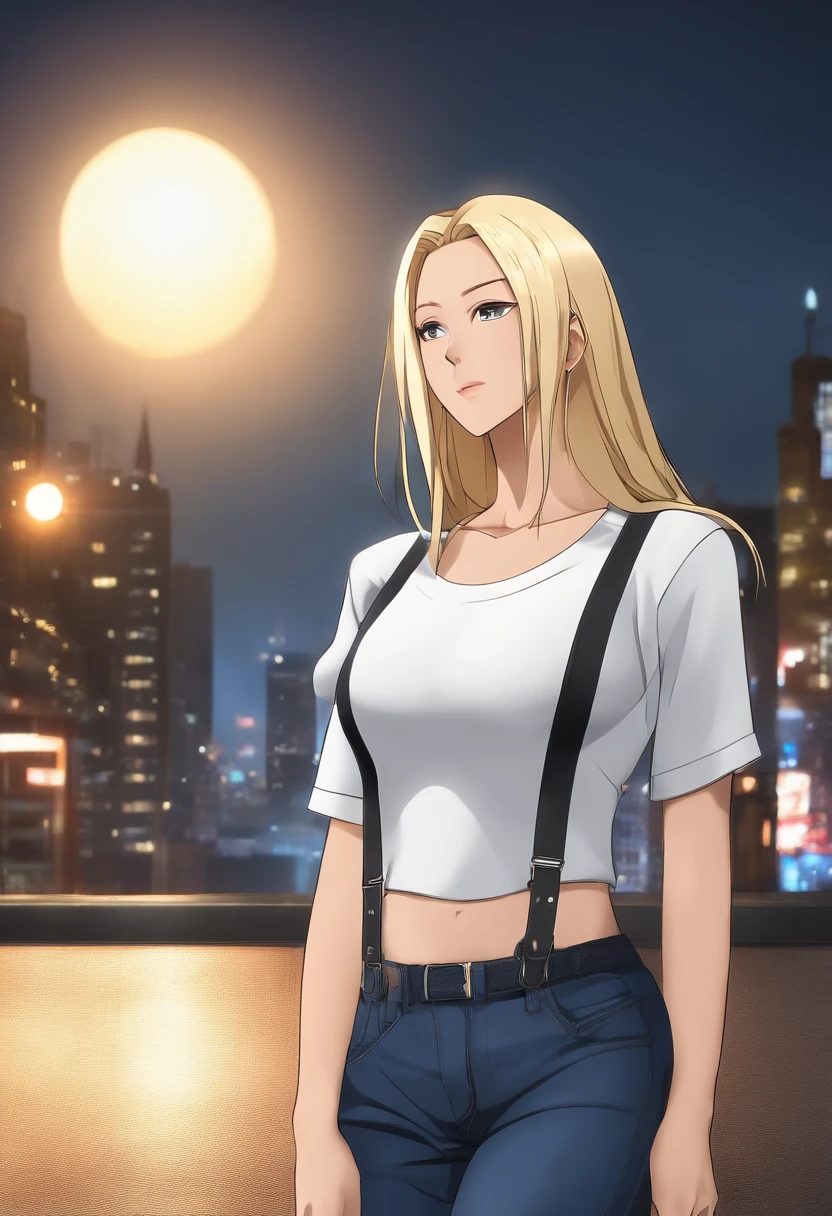 Tsunade,(white tight t-shirt, Denim suspenders, standing on your feet:1.2), , ((city night scene, the roof:1.3)), Highly detailed facial and skin texture, 詳細な目