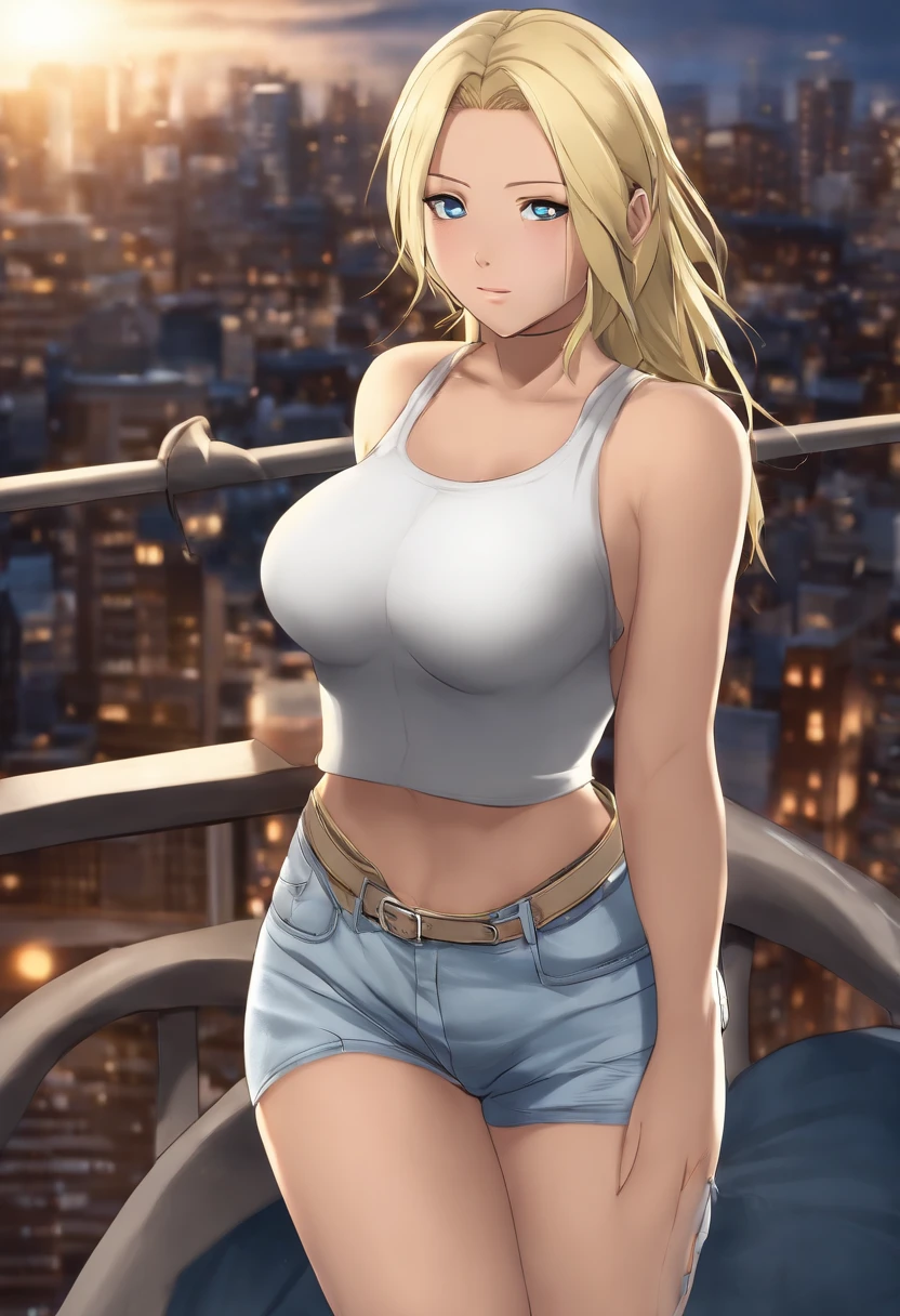 Tsunade,(white tight t-shirt, Denim suspenders, standing on your feet:1.2), , ((city night scene, the roof:1.3)), Highly detailed facial and skin texture, 詳細な目
