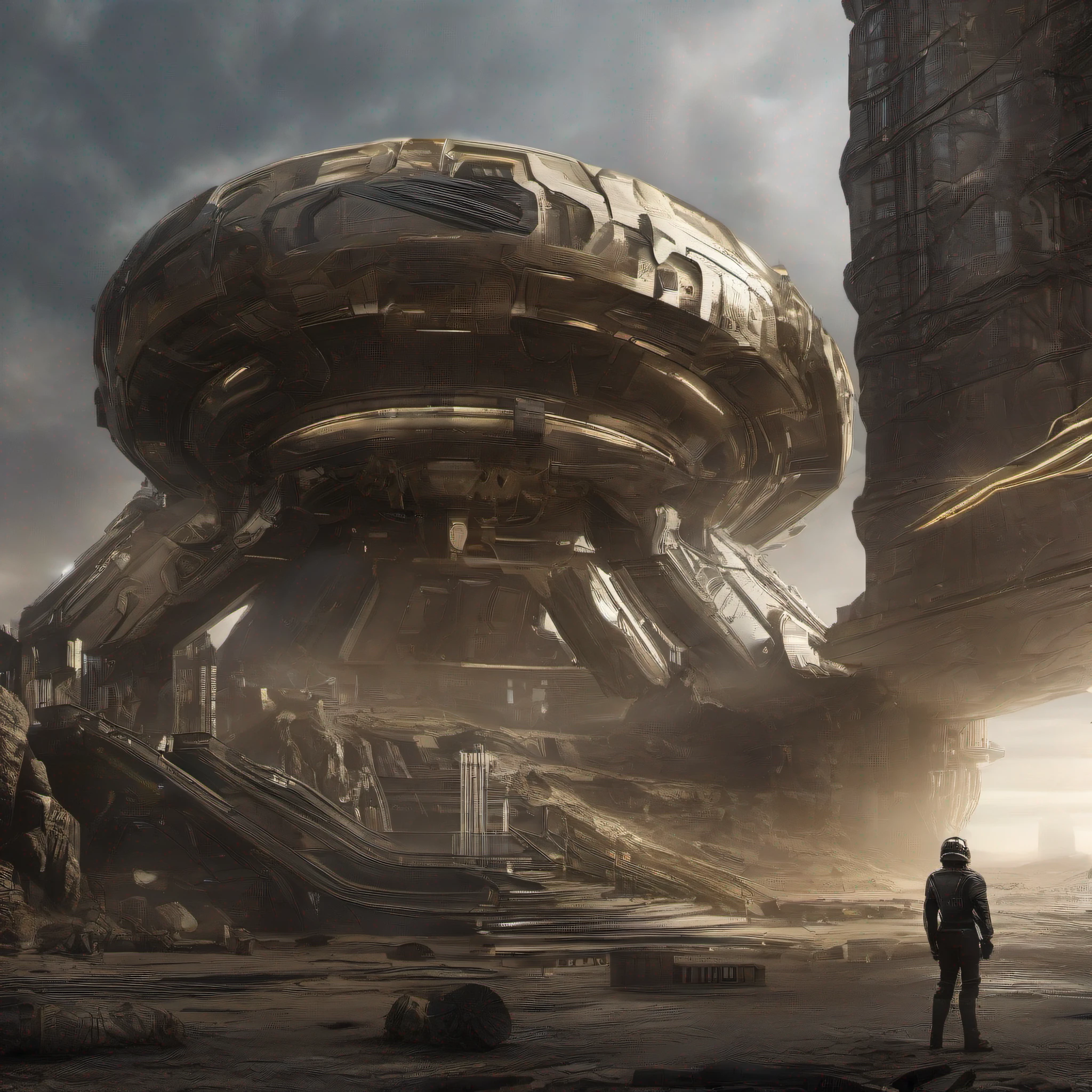 en estilo comic, basado en la pelicula prometheus: (( la tripulacion de la spacecraft prometheus, hombres y mujeres)), inspeccionas una ciudad de un planeta desconocido , con enormes edificios altamente tecnologicos, y fantasticas maquinarias. cuyos materiales de construccion son la plata, el oro y el bronc