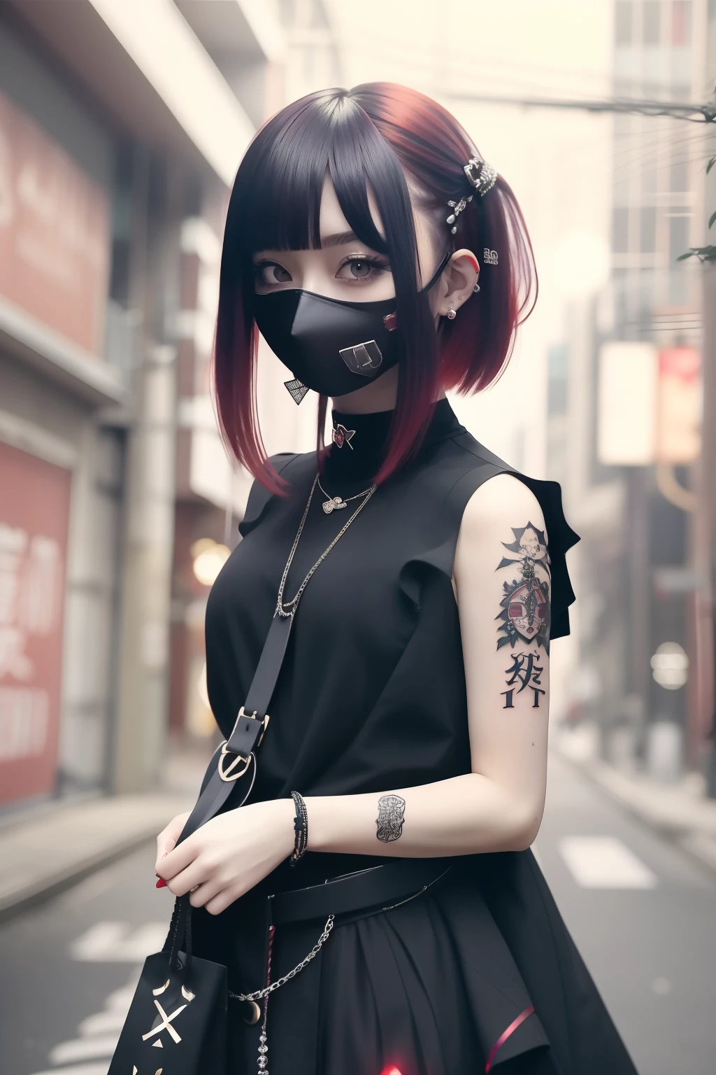 Sleeveless、The tattoo、bob cuts、bright red、Really red、Red、Red-haired、rot、red hairs、head phone、🎧、goth_punk, 1girl in, 独奏, medium shot, Walking in Harajuku, ((during night)), bokeh dof, Neon light, Iridescent eyes, starrysky, red glowing hair, Black eyebrows, Radiant hair, (iridescent red hair), 耳Nipple Ring, bangss, jewely, masks, bluntbangs, verd s eyes, Mouth mask, blurry backround, bblurry, hair adornments, Look at viewers, shorth hair, portraitures, side locks