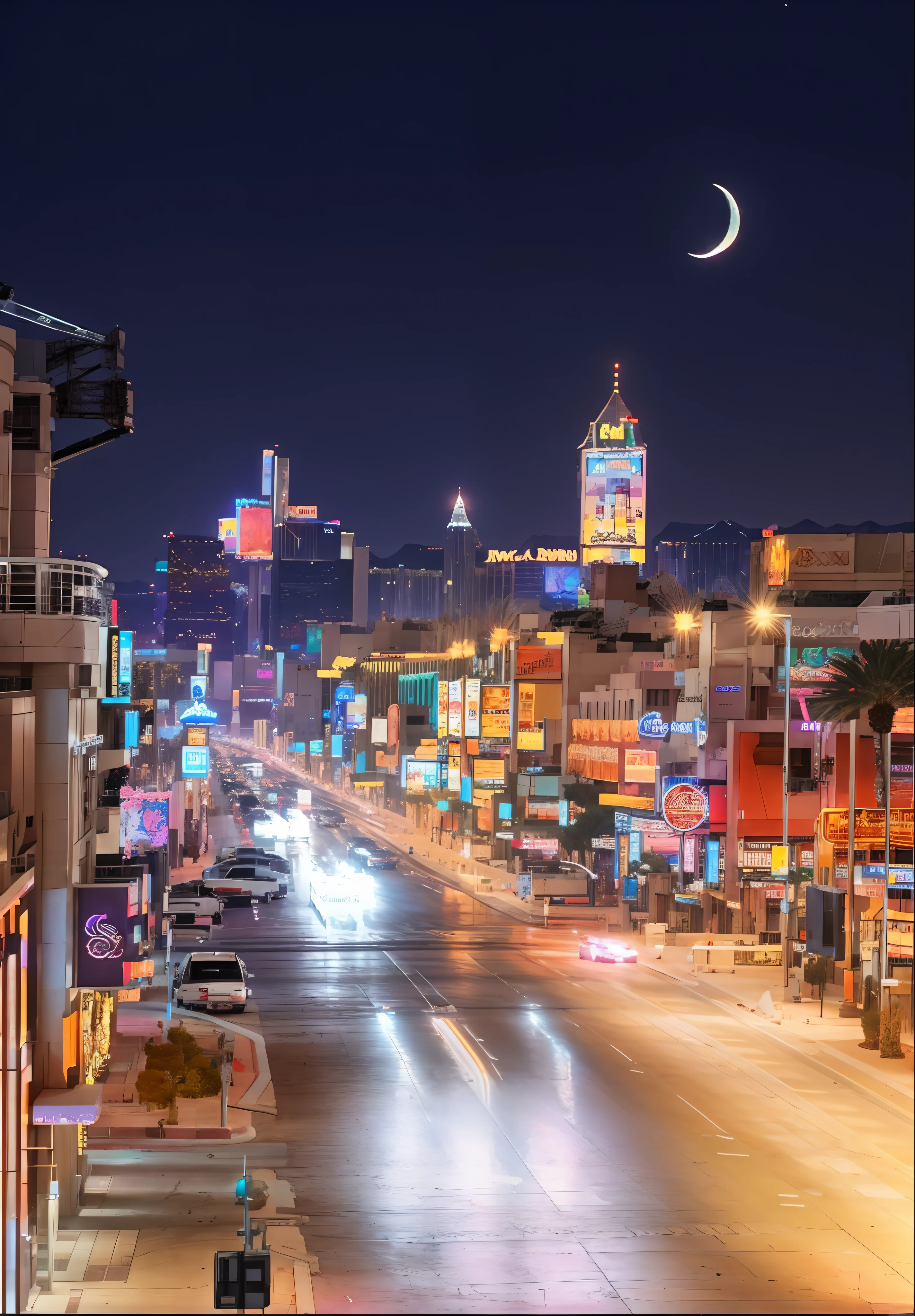 BOULEVARD in las vegas at night, cyberpunk, high trafic headlights, luminous signs, skyscrapers in the background and the moon