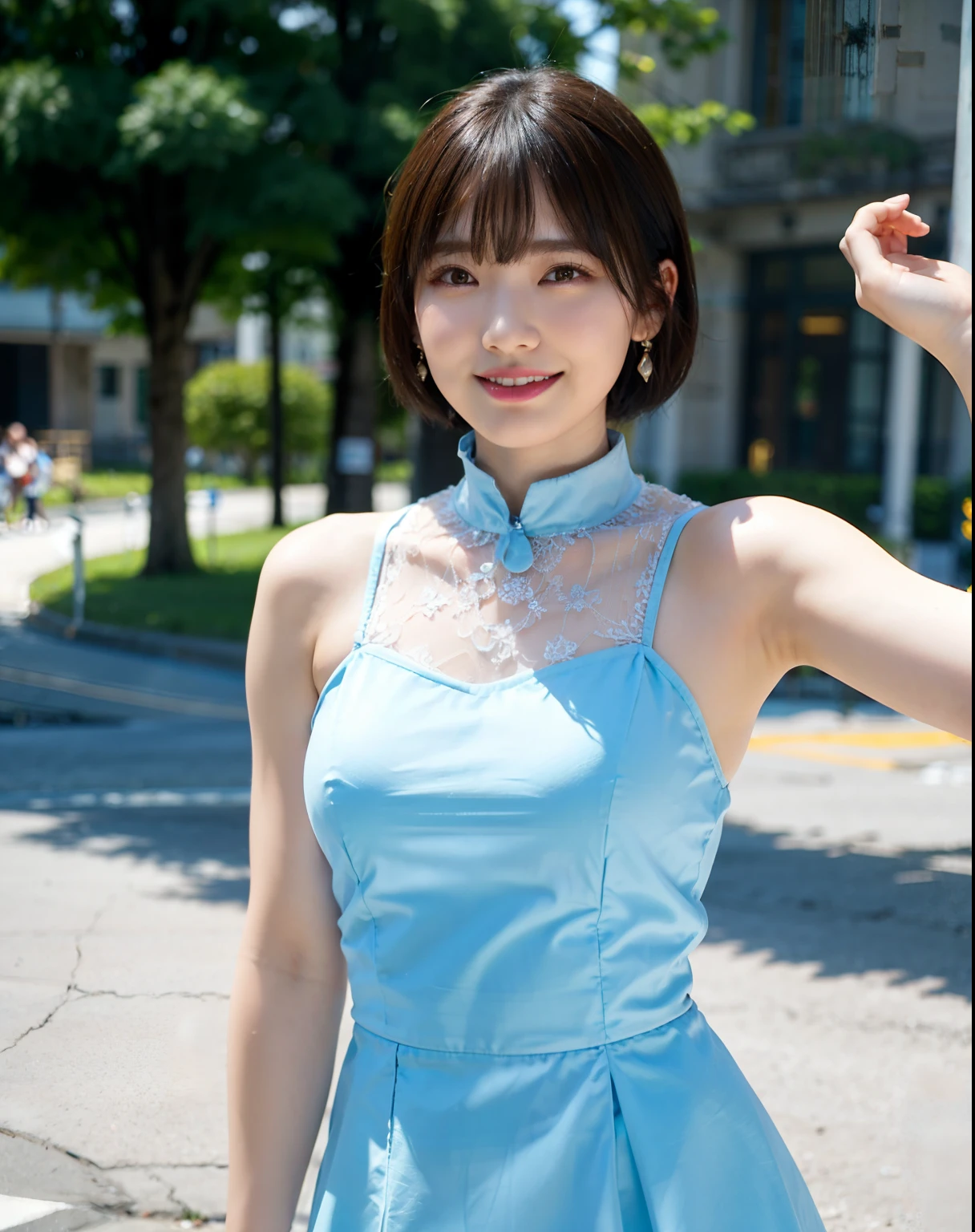 a woman posing on the street corner with light blue dress on, best quality, 1girl, large breasts, day, bright, blur background, bokeh, outdoor, (street:0.8), (people, crowds:1), (lace-trimmed dress:1.5, sleeveless dress, light blue clothes, light blue high-neck dress:1.2, blue dress: 1.5), gorgeous, (short hair, forehead:1.2), beautiful detailed sky, earrings, (dynamic pose:1.2), (upper body:0.8), soft lighting, wind, shiny skin, smile,