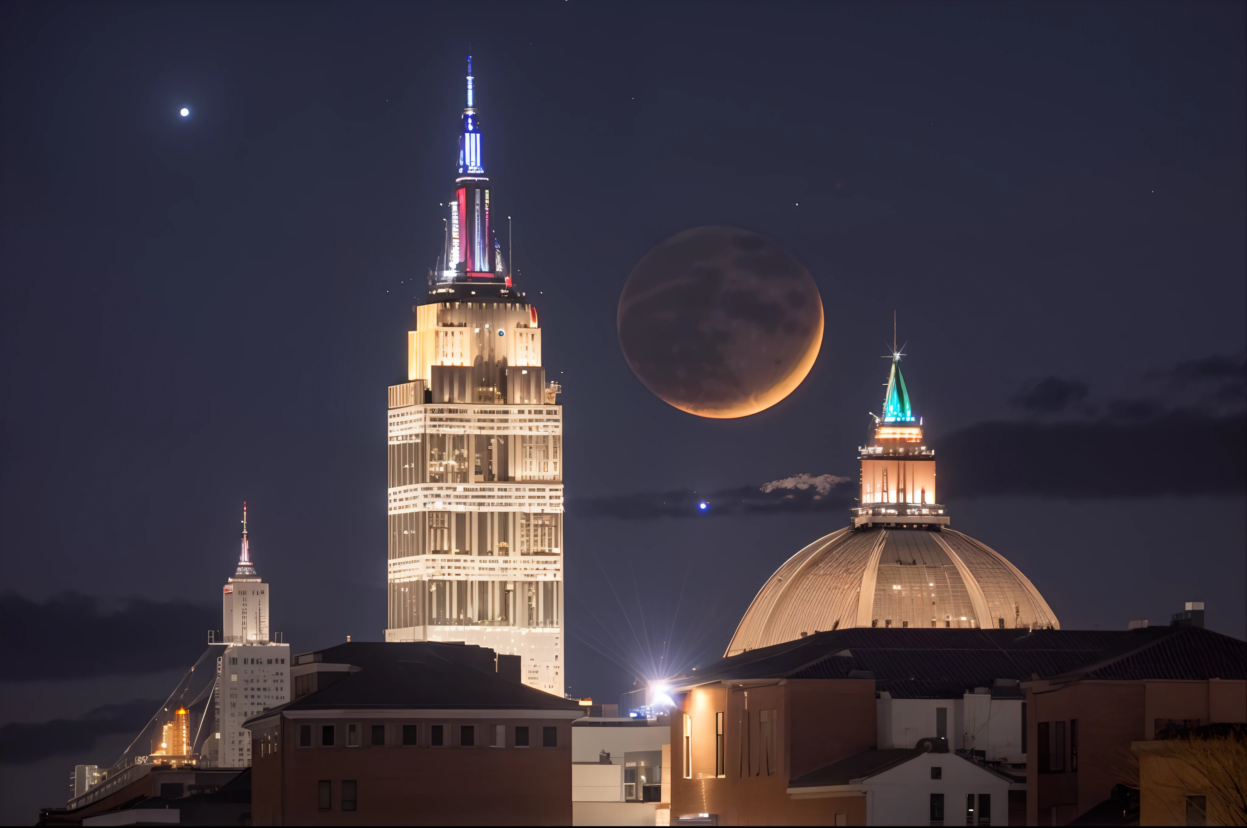 night skyline with the Empire State Building, the planet jupiter and its moons in the background, a lot of stars shine in the dark sky