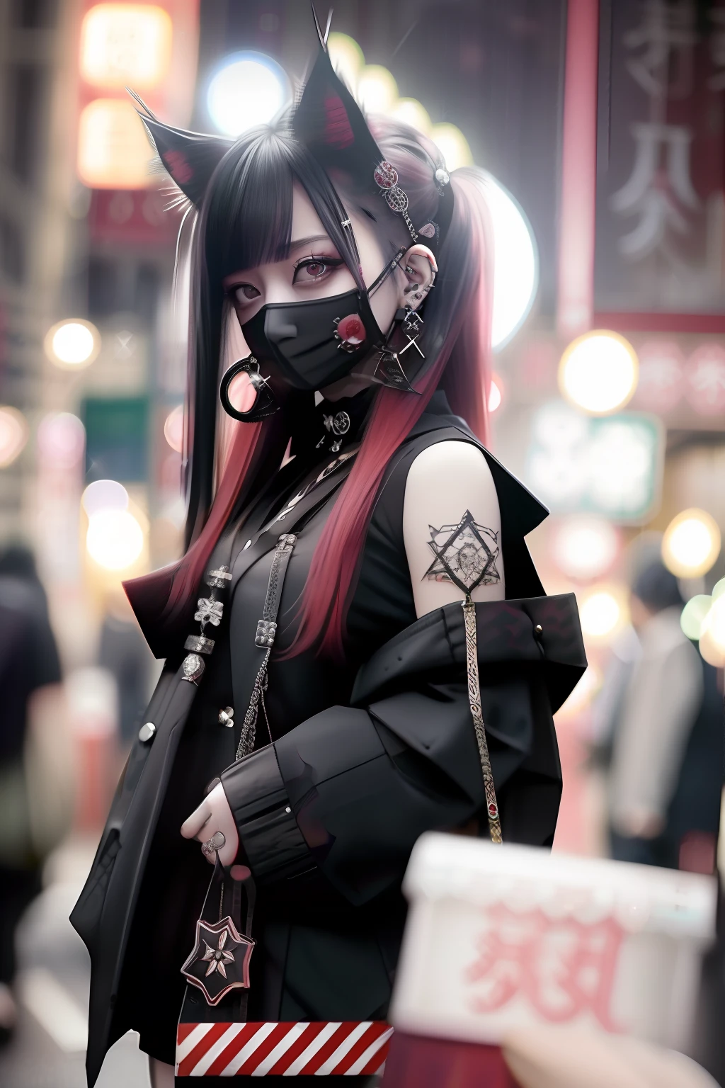 Sleeveless、The tattoo、bright red、Really red、Red、Red-haired、rot、red hairs、head phone、🎧、goth_punk, 1girl in, 独奏, medium shot, Walking in Harajuku, ((during night)), bokeh dof, Neon light, Iridescent eyes, starrysky, red glowing hair, Black eyebrows, Radiant hair, (iridescent red hair), 耳Nipple Ring, bangss, jewely, masks, bluntbangs, verd s eyes, Mouth mask, blurry backround, bblurry, hair adornments, Look at viewers, shorth hair, portraitures, side locks