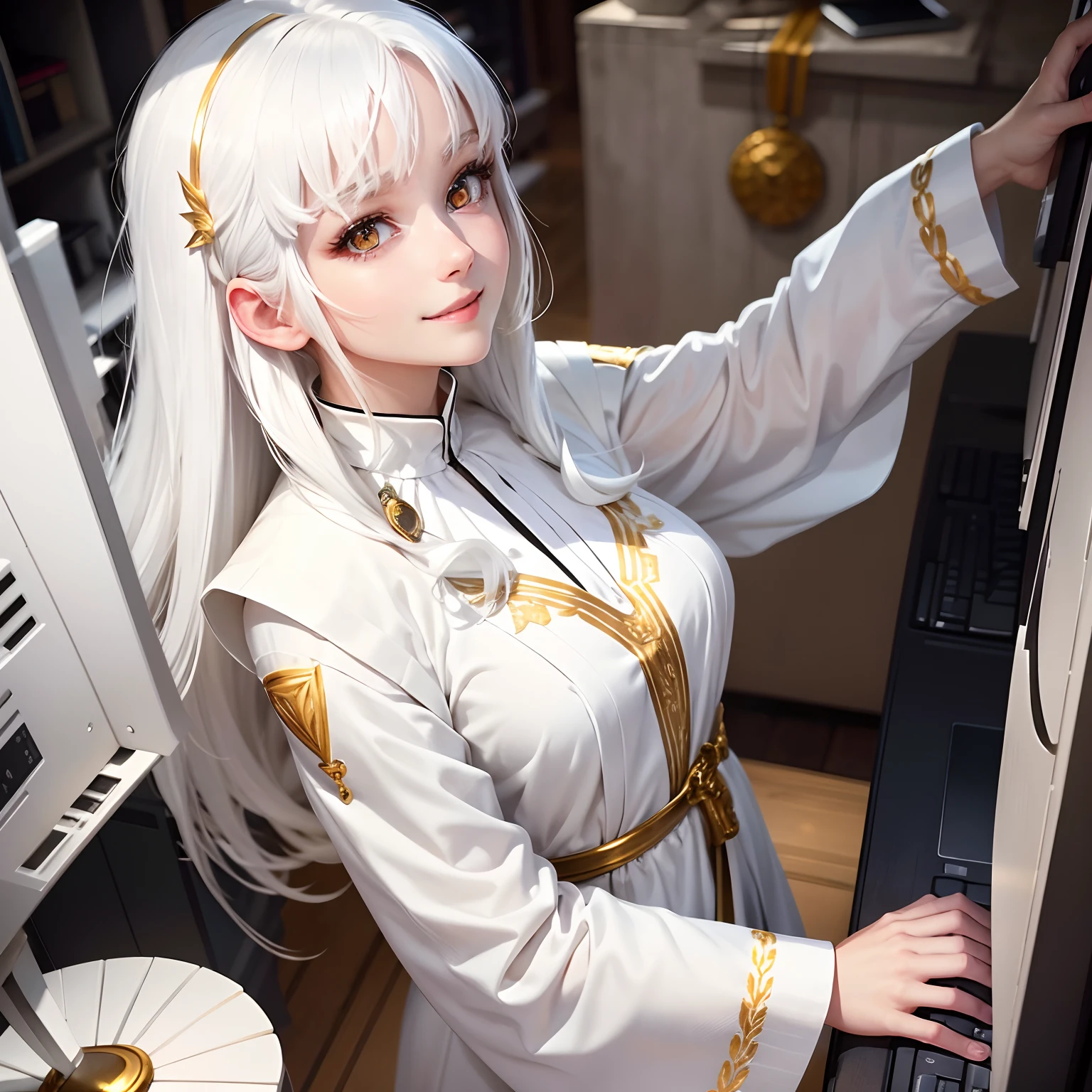 best quality, white hair, gold eyes, white clothes, looking up, upper body, hair strand, Fair skin, smiling, personal computers