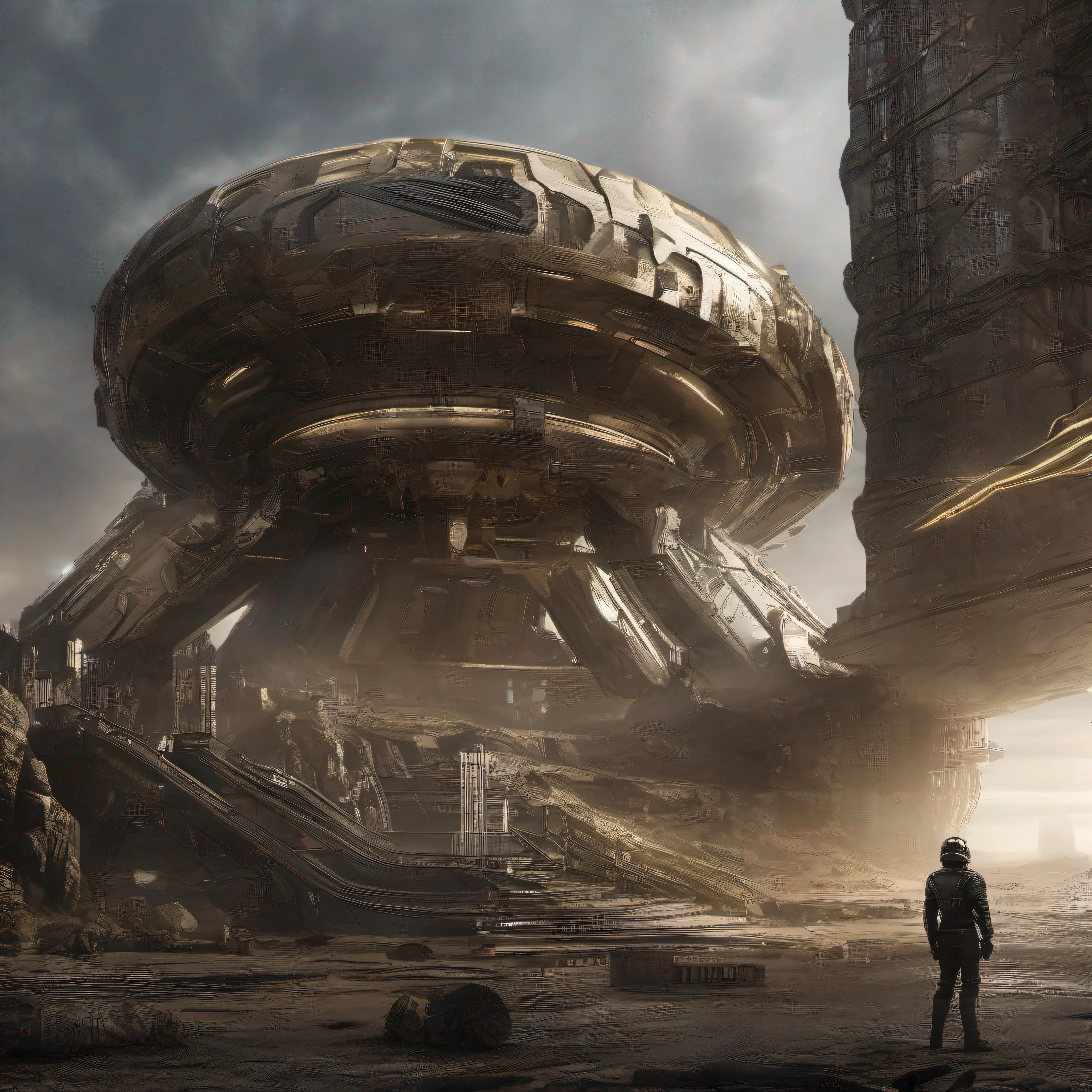 en estilo comic, basado en la pelicula prometheus: (( la tripulacion de la spacecraft prometheus, hombres y mujeres)), inspeccionas una ciudad de un planeta desconocido , con enormes edificios altamente tecnologicos, y fantasticas maquinarias. cuyos materiales de construccion son la plata, el oro y el bronc
