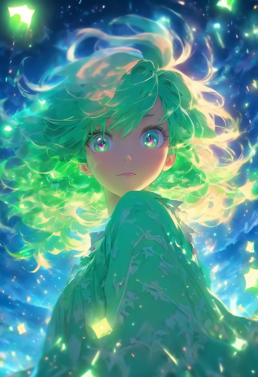 Masterpiece, Best quality, 1little girl,Highest image quality,4K,night sky background,the night,Blue lantern,a white long skirt,long white hair,Green eyes,Glowing eyes,crescent,Colorful splashes,high saturated,finely quality eyes,Levitate luminescent small particles