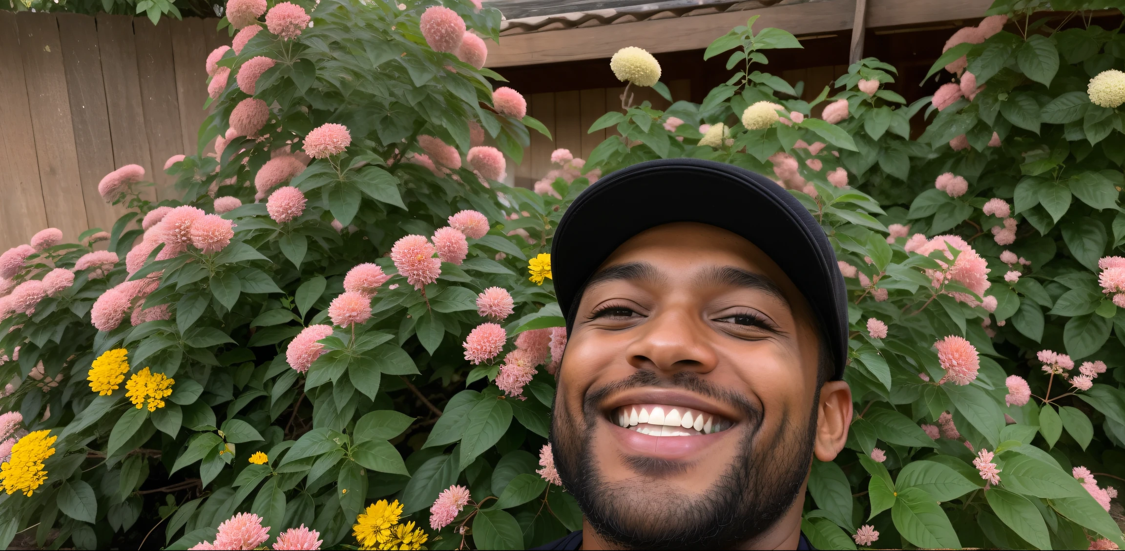 Smiling man in a black hat and a black shirt in front of a bush of flowers, Homem de pele marrom com um sorriso gigante, taken in the early 2020s, com flores, vacation photo, coberto de flores, Mkbhd, coberto de plantas, usando um capuz e flores, happily smiling at the camera, smiling at camera
