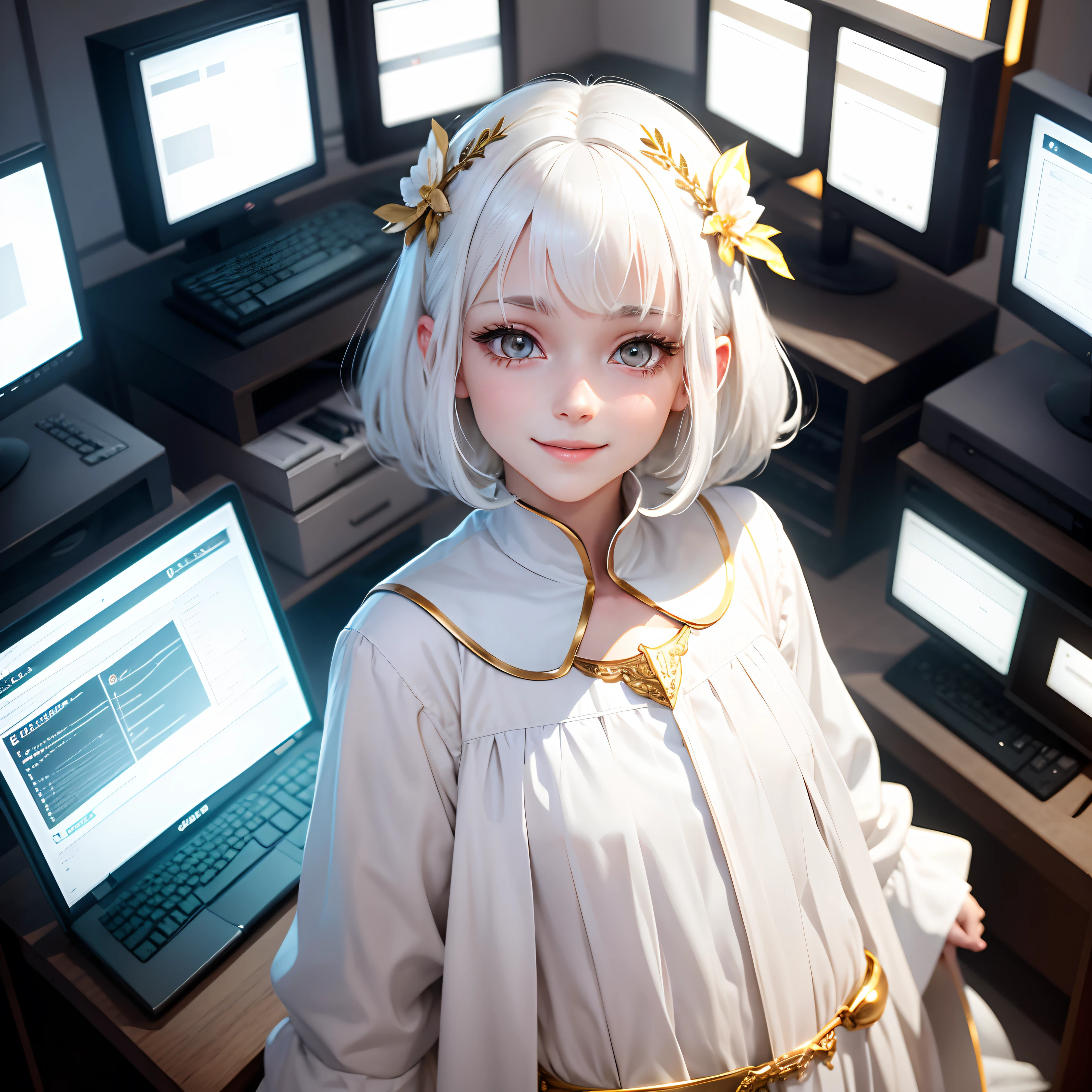 best quality, white hair, gold eyes, white clothes, looking up, upper body, hair strand, Fair skin, smiling, personal computers