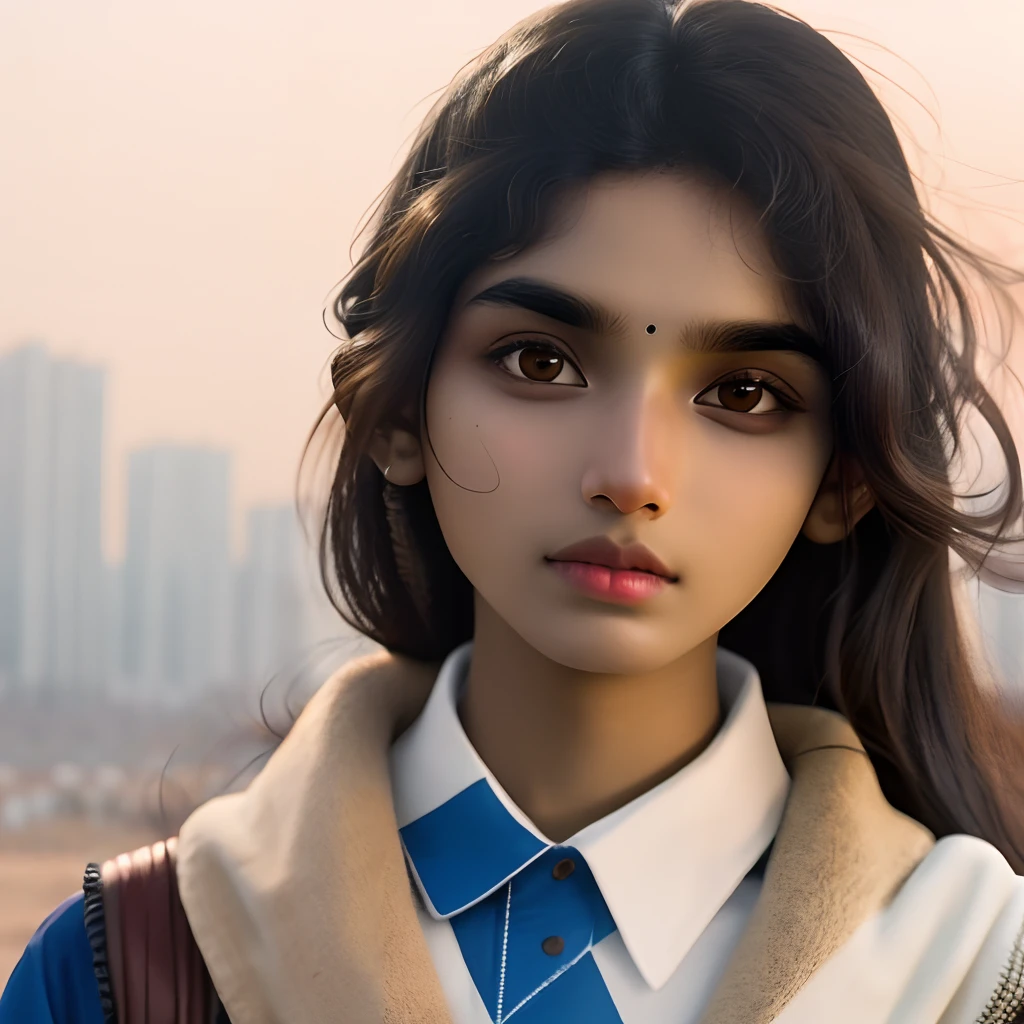 Realistis,Yellow-skinned,Indian high caste girl,Long face shape,tthin eyebrows