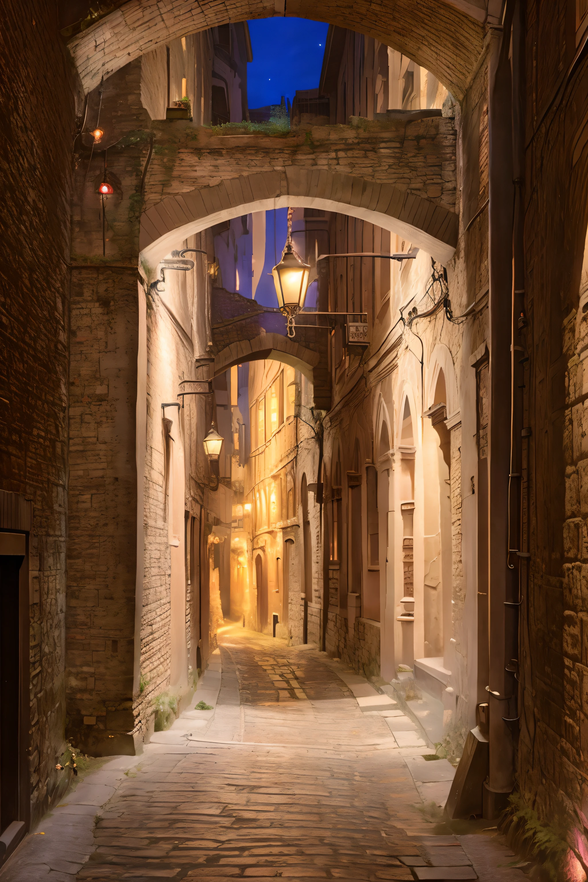 an ancient road in the city center at evening with lights, steampunk and neons everywhere, buttresses,  photograpy hyperrealism, ivy climbing on walls