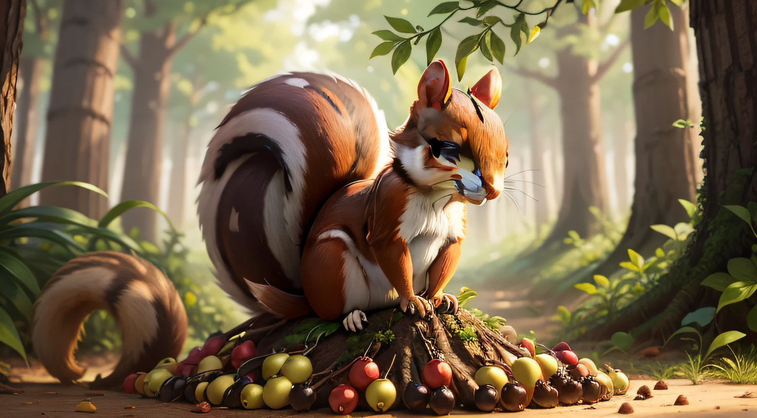 The Curious Squirrel holding painted acorns and placing them in a pile, forming a colorful stack.