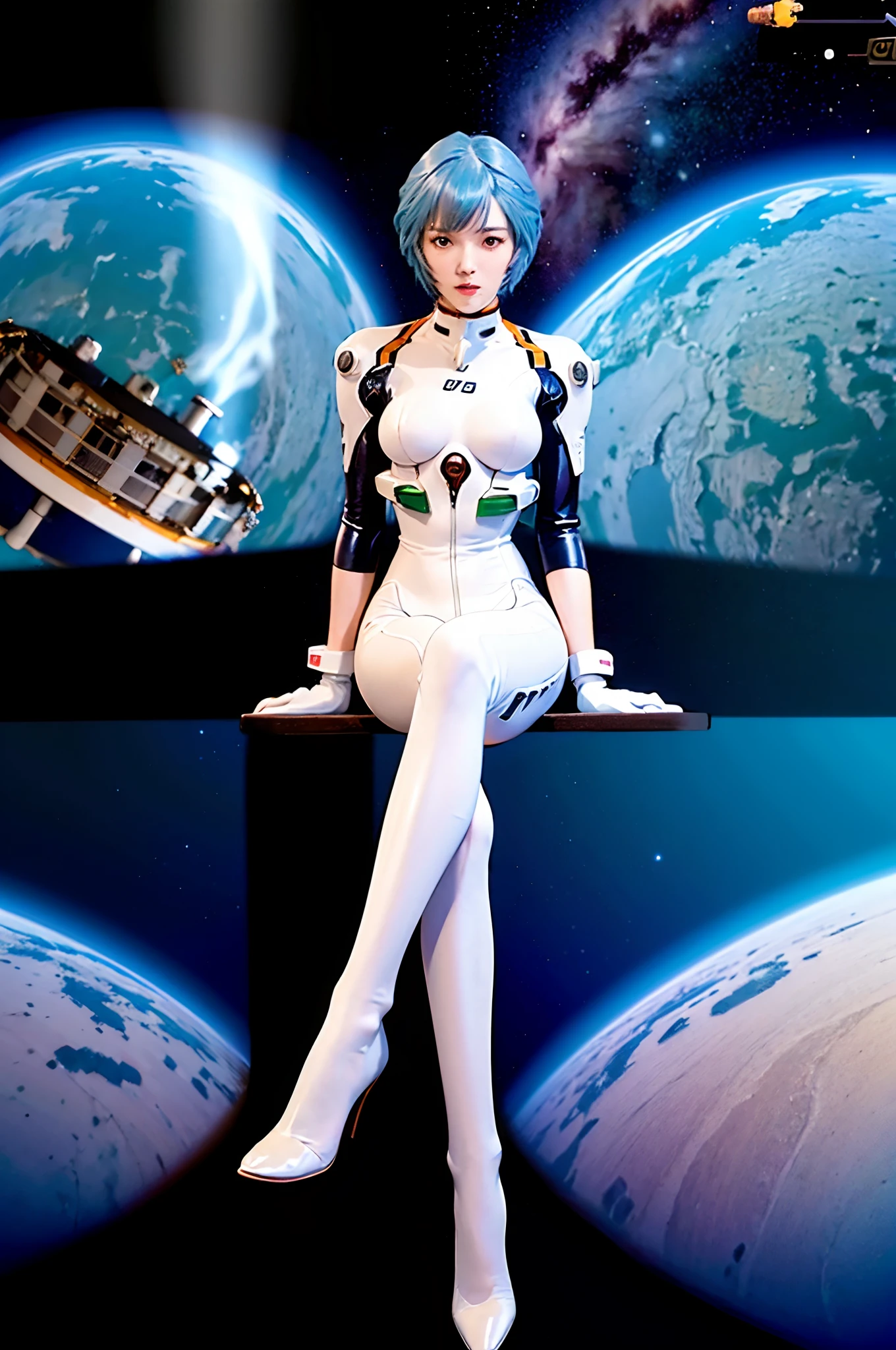 1girl, solo, short hair, looking at viewer, ( full body:1.2), (sitting:1.2), (full legs:1.2), kahuka1, crossed legs, ayanamirei, plugsuit, interface headset, white plugsuit, ribbon-trimmed legwear, latex legwear, latex bodysuit, science fiction, future light background, laboratory, heel-less heels, blue hair, red eyes, in space station, in spacecraft, space shuttle, latex gloves, latex boots, (photorealistic:1.4),8k,(masterpiece), best quality, highest quality, (detailed face:1.5),original,highres, unparalleled masterpiece, ultra realistic 8k, perfect artwork, ((perfect female figure)),mature female, narrow waist, skinny,detailed skin,