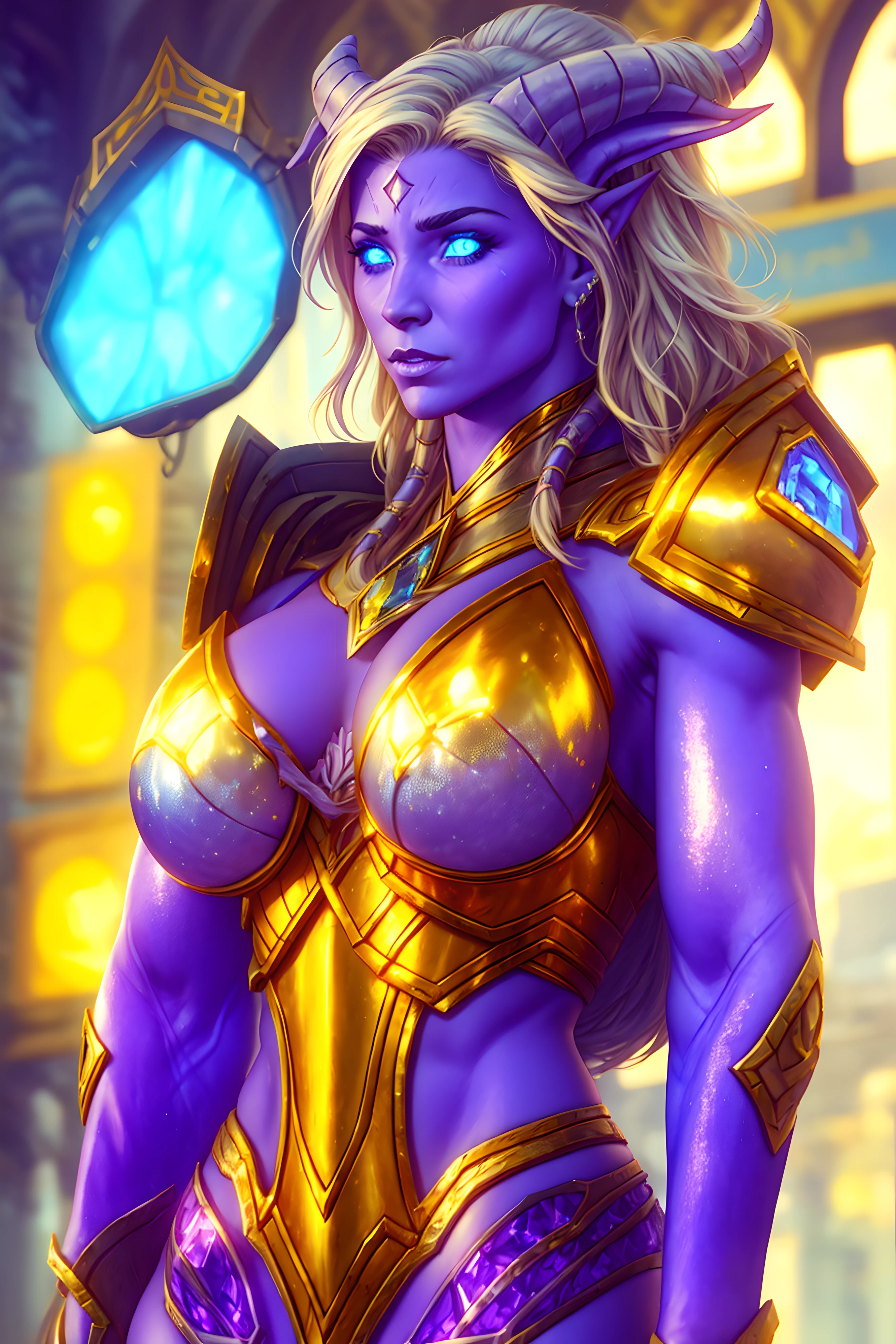 Une magnifique fille Draenei sur un futur paysage urbain, profondeur de champ, Golden open heavy armor, half-naked,visage mignon, sein moyen, (peau brillante:1.4), cold lighting, Detailed face, golden eyes, profondeur de champ, messy white hair, (complexe), timide, Des yeux brillants, detailled eyes, detailed background, Neon trim, neons, peau claire, abdominaux, musculature forte, breastplate, femme