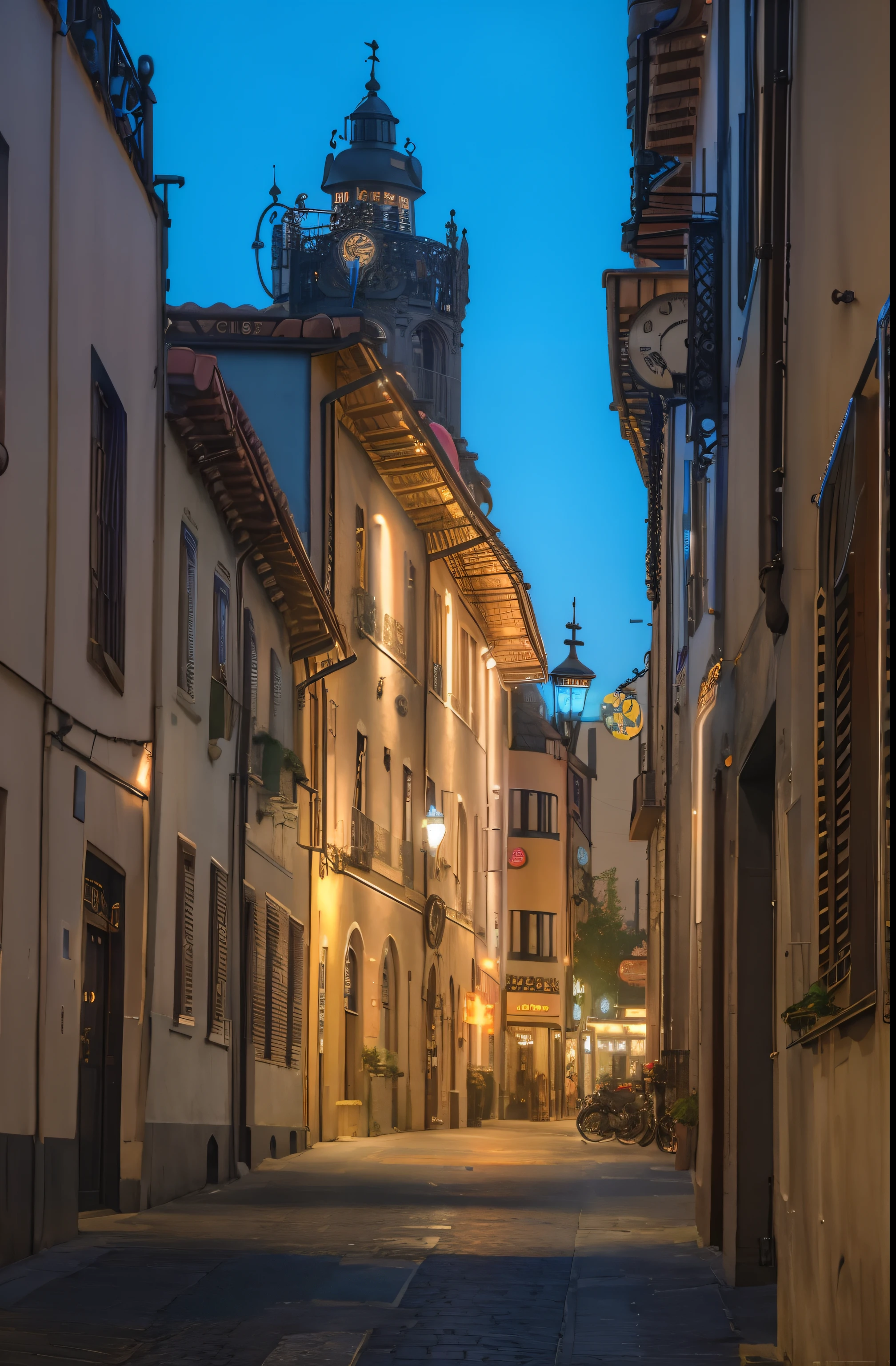 a road in the city center at evening with lights, steampunk and neons everywhere, photograpy hyperrealism