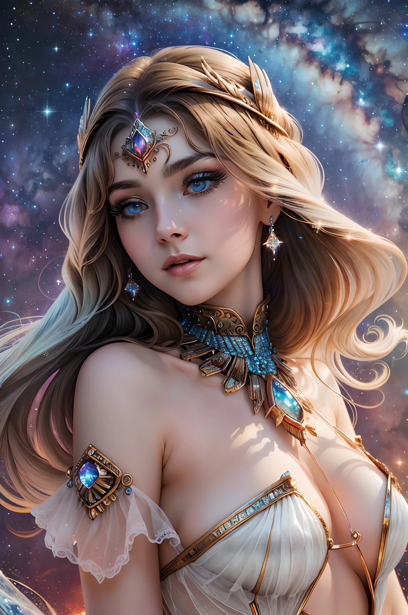 ((beste-Qualit)), ((tmasterpiece)), ((Realistic)), Ultra-detailed, outer space, the Milky Way, zodiac girl constellation Cygnus, Ice, Deneb, (Иллюстрация Hans Zatzka) —ar 1:2 —q 4 —v 5.1 —s 750