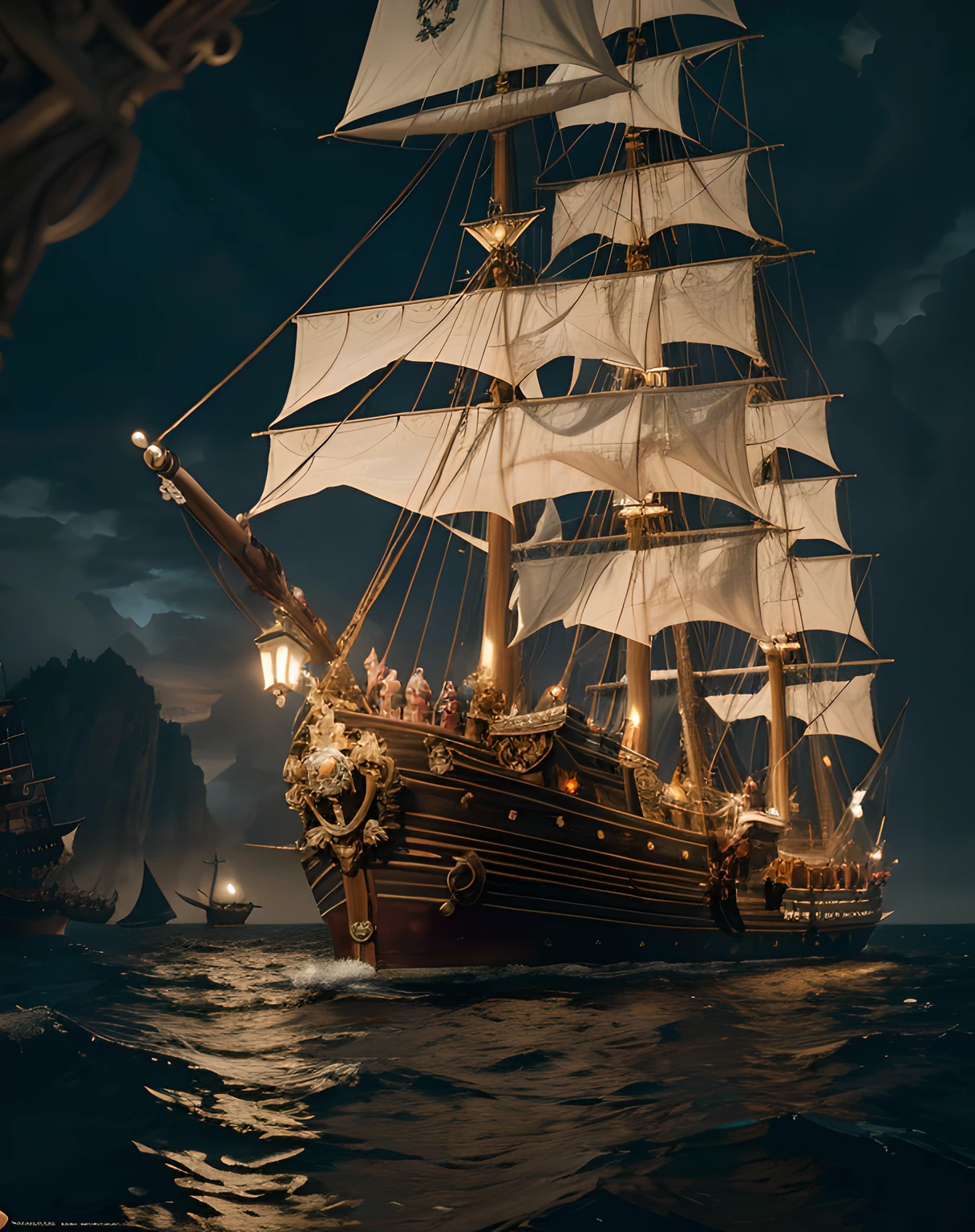 (masterpiece), (extremely intricate:1.3), (realistic), pirates kidnapped julius caesar, pirate ship, ambient light, middle of the sea,many pirates standing,dramatic, award winning, octane render, unreal engine, volumetrics dtx, crest on chest