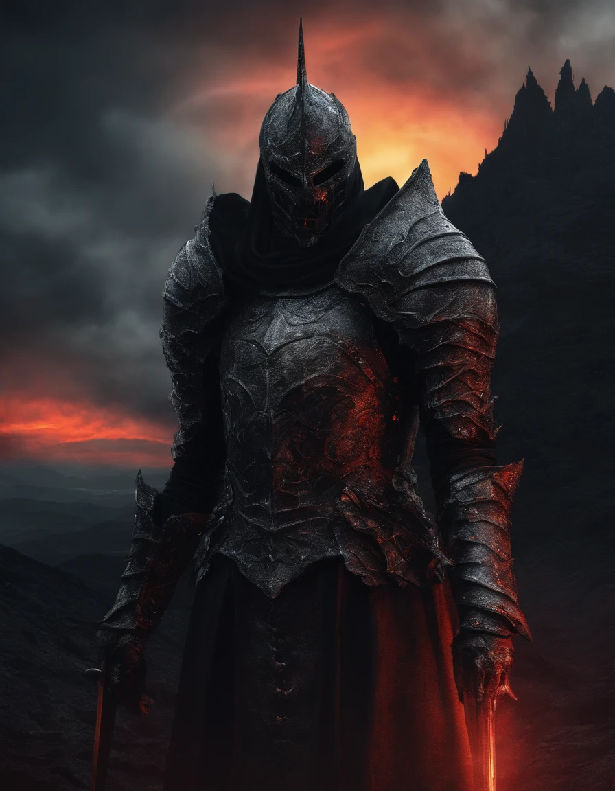 a demonic knight (female:1.3) in shining armor, full plate armor, standing, attractive look, (vivid colors:1.35), Dramatic volcanic landscapes), (dreamy sunset horizons)