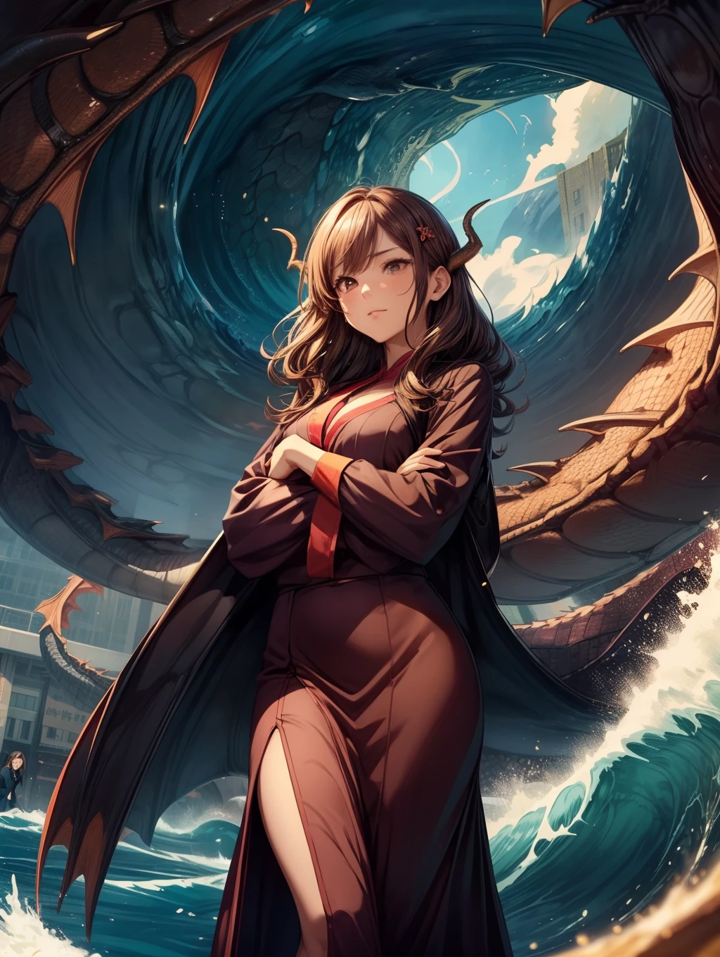 Best Quality, masutepiece, beautiful mature women、Beautiful face、Strong-minded woman、Office Suits、long skirt、brown haired、Brown-eyed、Longhaire、Undersized eyes、Full body like、(Downtown)、(((Dragon Wave)))、Tsunami、Magic Chanting、vague、Dragon Summon、In front of the station