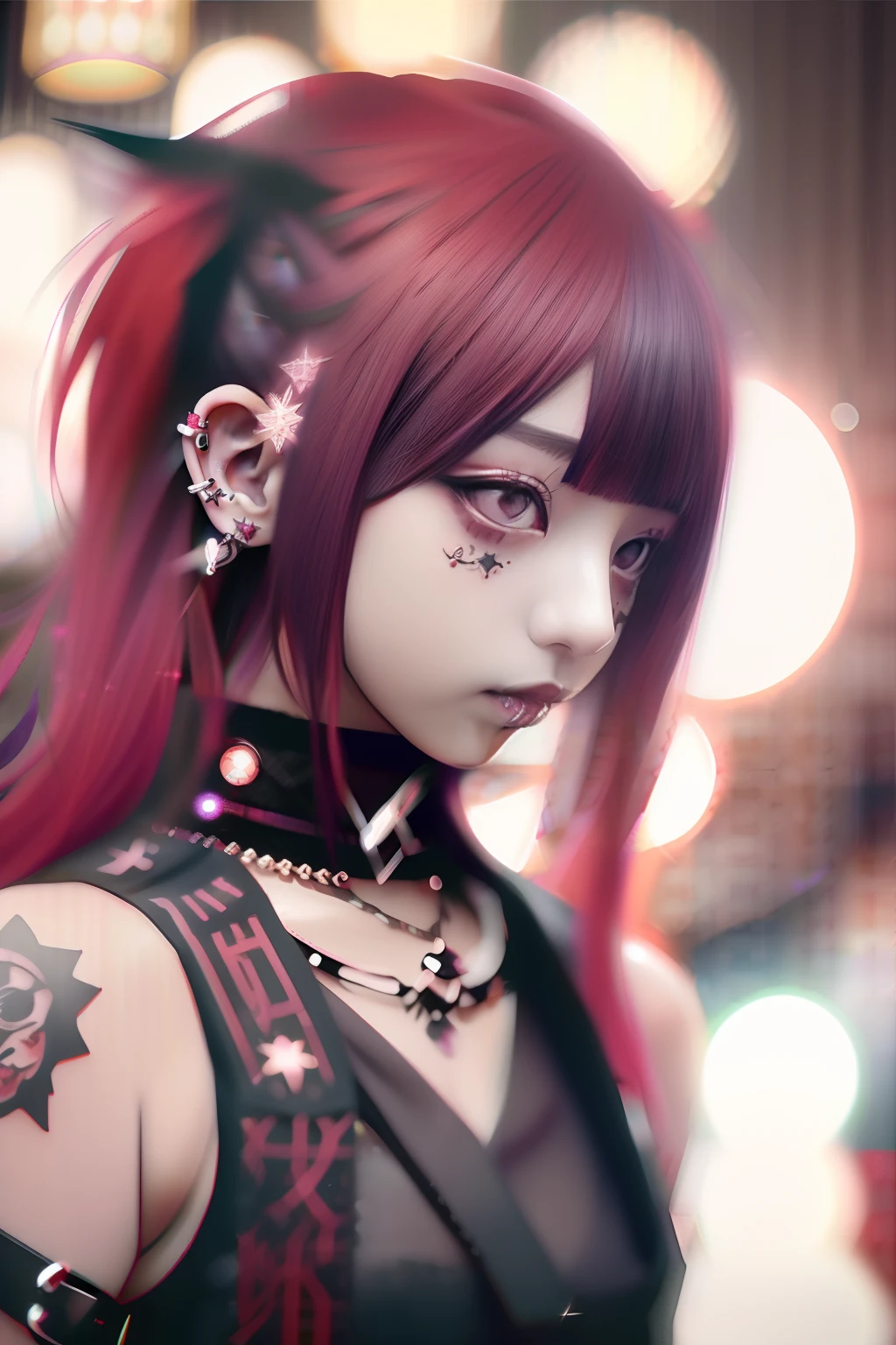 Sleeveless、The tattoo、bright red、Really red、Red、Red-haired、rot、red hairs、head phone、🎧、goth_punk, 1girl in, 独奏, medium shot, Walking in Harajuku, ((during night)), bokeh dof, Neon light, Iridescent eyes, starrysky, red glowing hair, Black eyebrows, Radiant hair, (iridescent red hair), 耳Nipple Ring, bangss, jewely, masks, bluntbangs, verd s eyes, Mouth mask, blurry backround, bblurry, hair adornments, Look at viewers, shorth hair, portraitures, side locks
