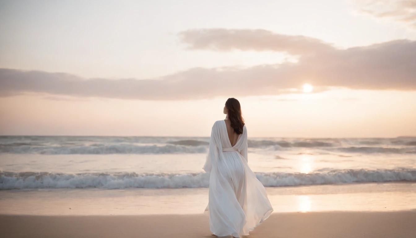 Mientras pasea por la costa al atardecer, lleva un vestido playero vaporoso con detalles en encaje, highlighting its connection with nature and the serenity of the sea.