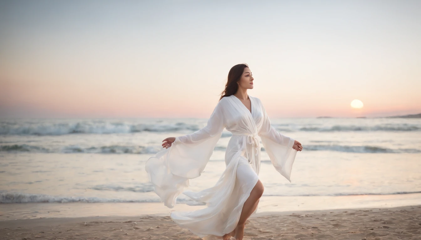 White robe,huge tit,The face is like Tifa,Temperament dust,Panorama like,At night on the beach by the sea,Burn incense and worship the moon,The moon hangs high,Elevation perspective,Light clouds obscured the moon
